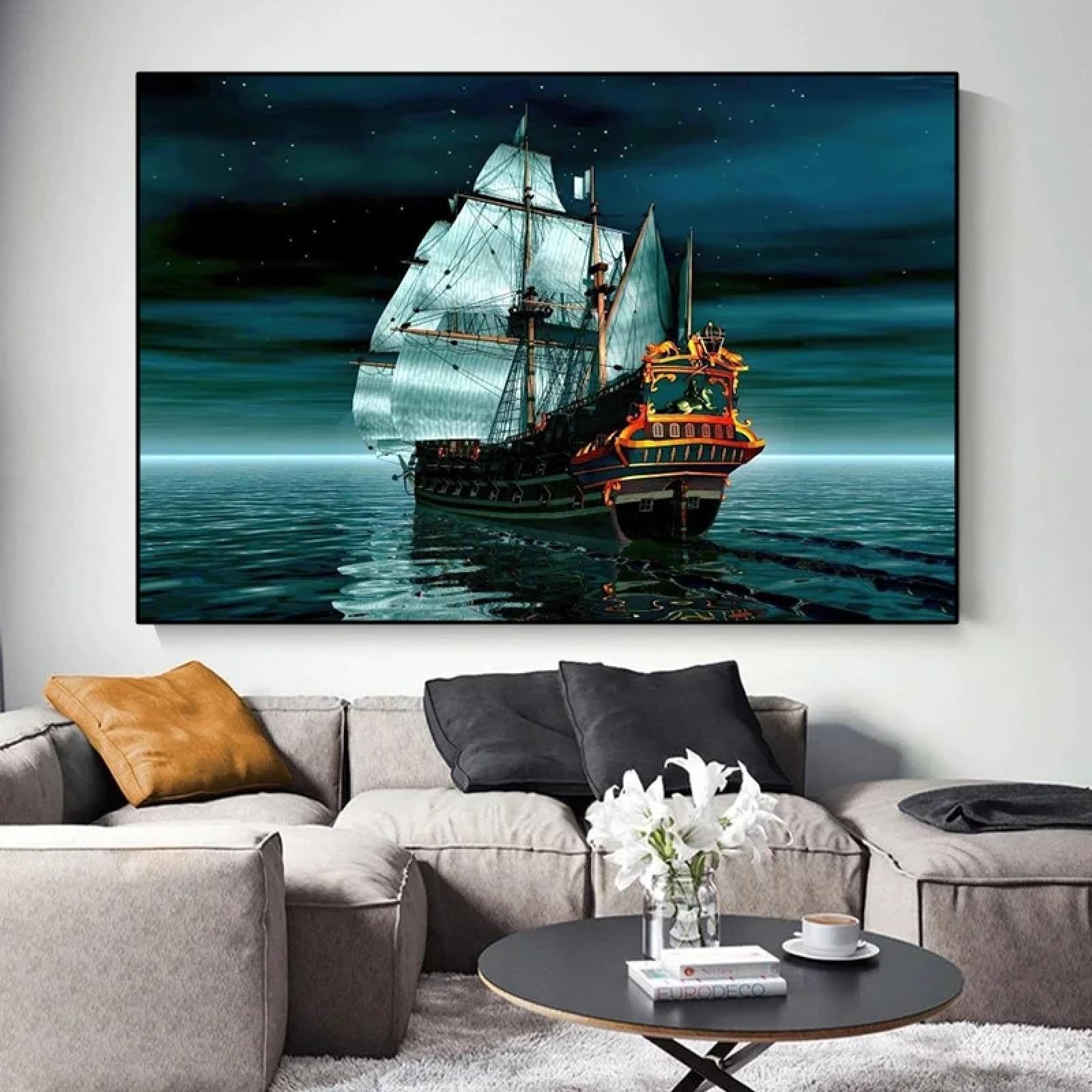 dsdsgog Barca a vela Alba Pittura su tela Mare Notte Vista Paesaggio Poster e stampe Arte della parete Decorazioni per la casa Poster su tela Stampe artistiche 60x90 cm Senza cornice