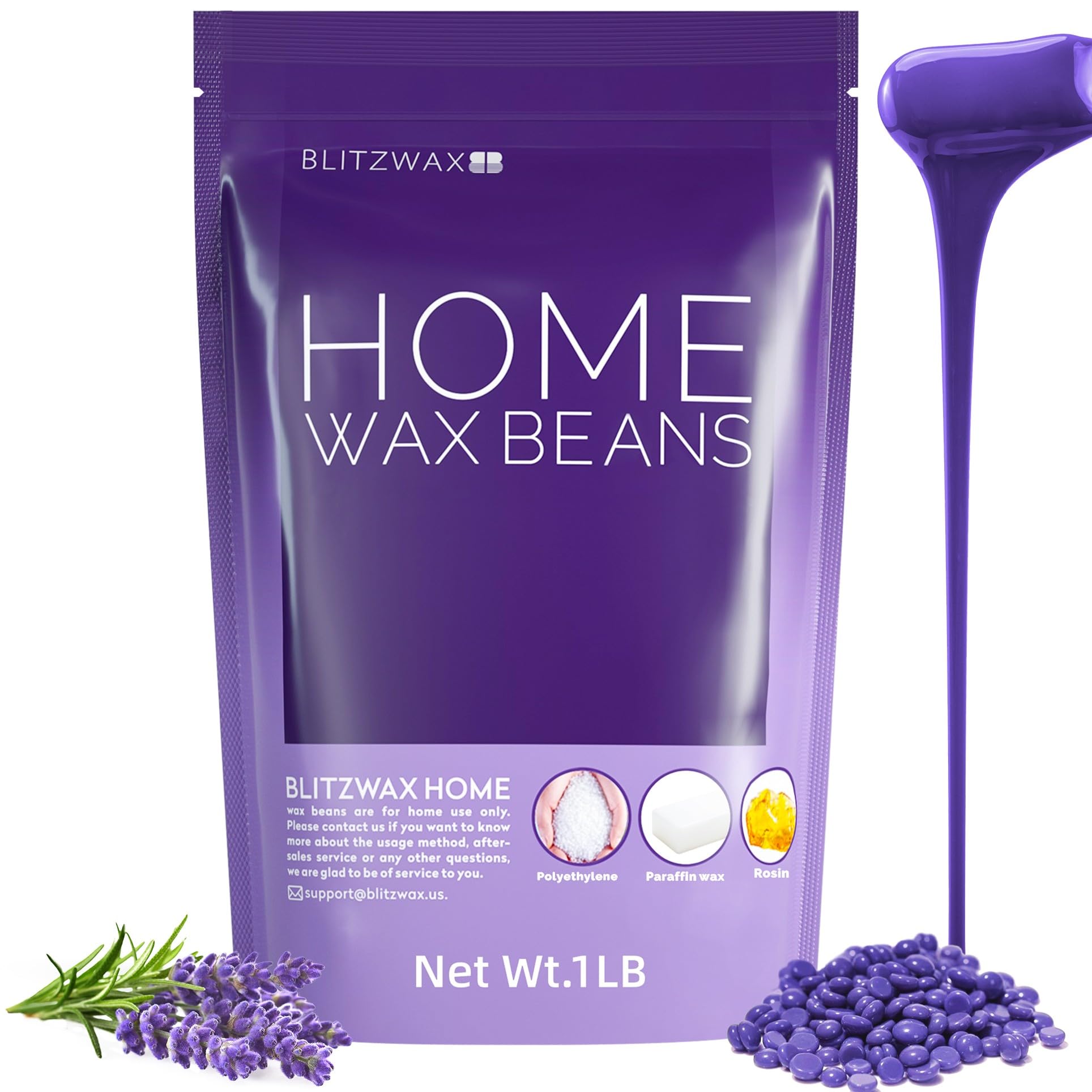 BLITZWAX Lavender Hard Wax Beads for Hair Removal - 1lb Coarse Hair Formula - Painless Wax for Sensitive Skin, Face, Full Body, Bikini - At-Home Waxing Beads for Women Men