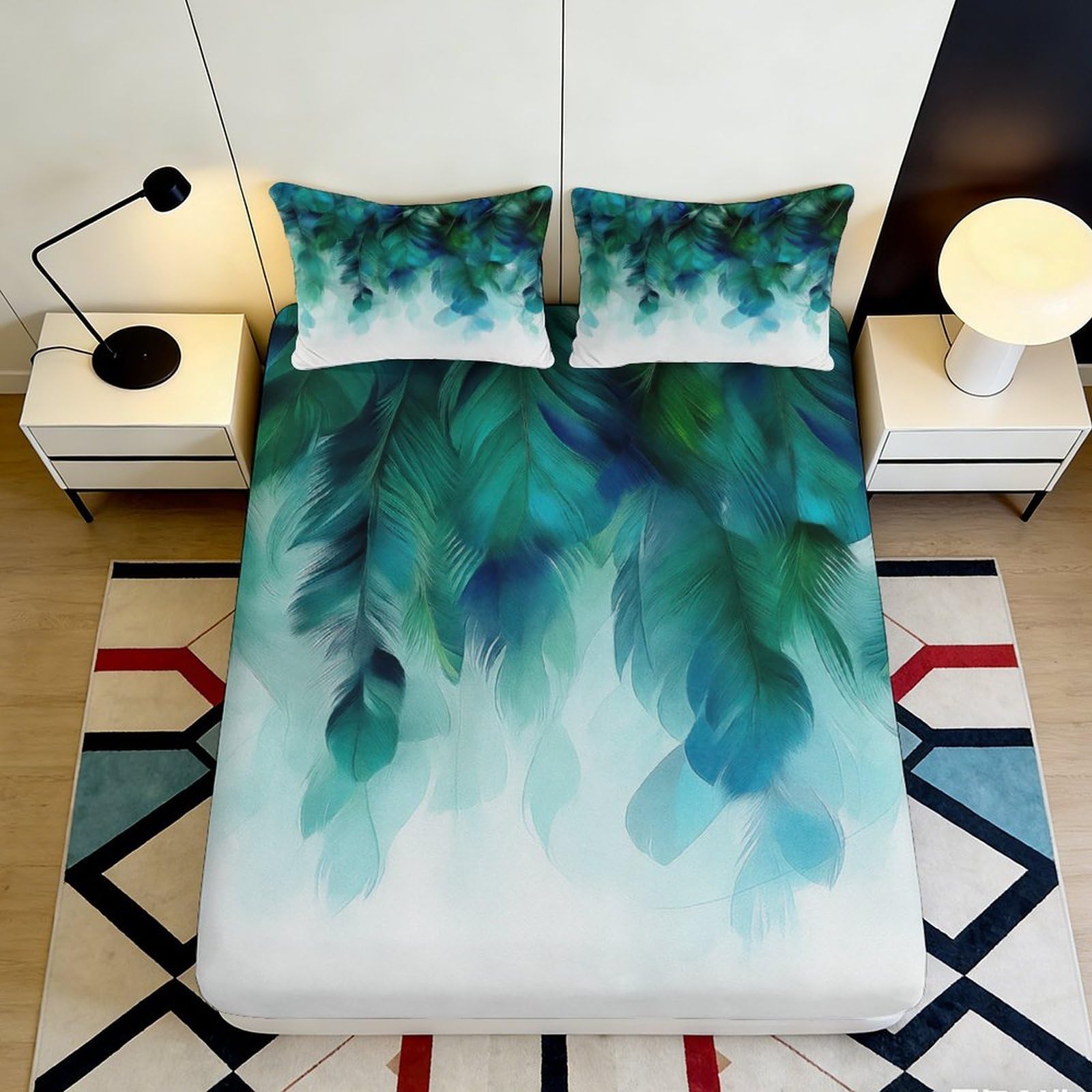 Pnayamiorkfel Style-7 3D Printed Green Feather Fitted Sheet Microfiber Soft Anti-Slip Blue Leaf Mattress Cover For Home Bedroom Dorm Decor 90X200x25cm