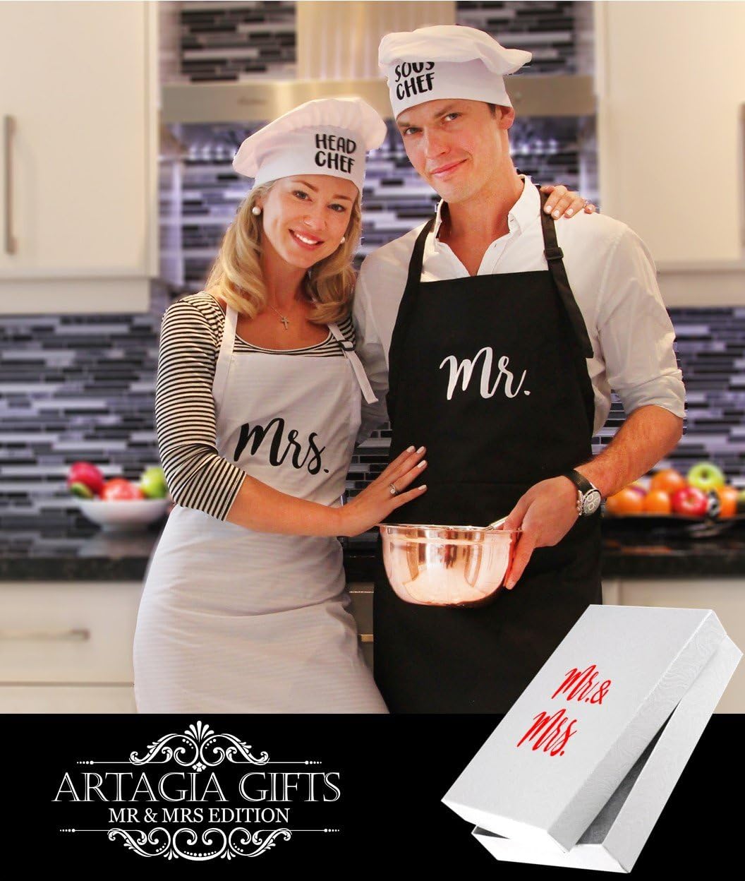 Regalo Mr. and Mrs. Aprons y Sombreros de Chef para Parejas | BORDADO de Alta Calidad | Talla Ajustable | Regalo de Bodas | Regalo para Despedida de Soltera | Regalo de Aniversario | Caja de Regalo Incluida | Regalos para Él y para Ella | Accesorios Combinados para Parejas | Regalos para Sr. y Sra.
