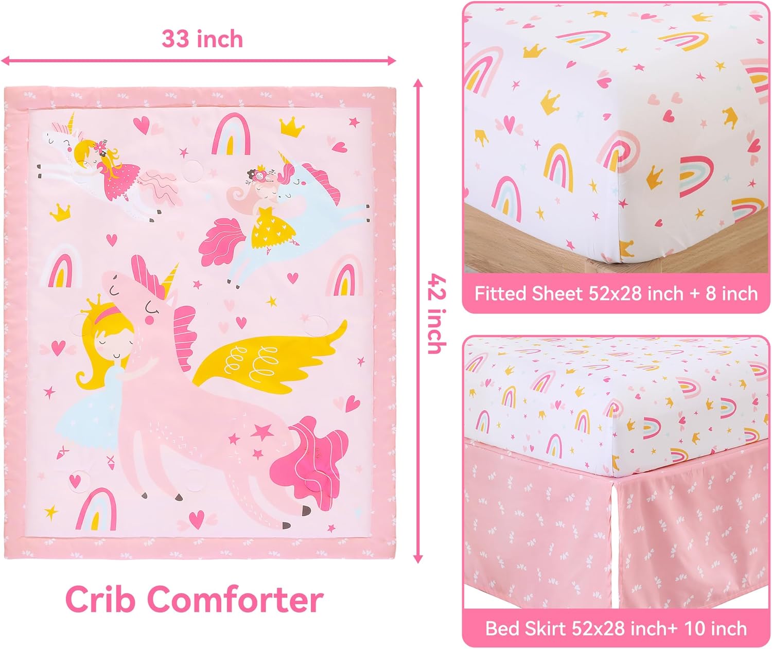 lasoftan Crib Bedding Set for Boys Girls, 3 Piece Baby Bedding Sets Nursery Crib Sets Newborn & Infant & Toddler, Crib Set Include Quilted Comforter + Crib Skirt + Fitted Sheet - White Unicorn