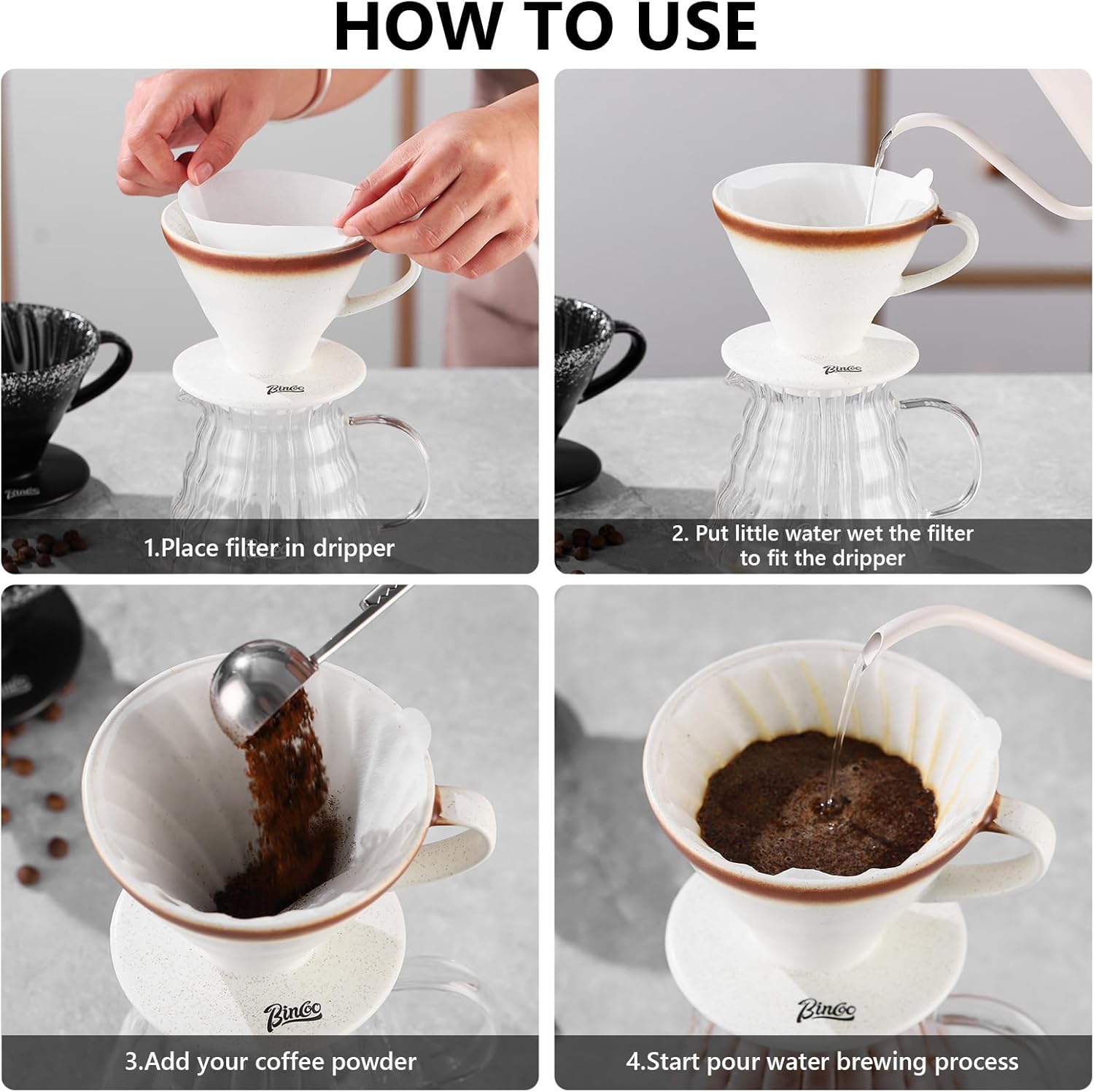 Bincoo Ceramic Pour Over Coffee Dripper (Size 02) 4 Cup-Includes 50 Filters-60 Angle Tapered Coffee Dripper Portable Hand Drip Cone Coffee Maker Set For Home Baristas (Black)