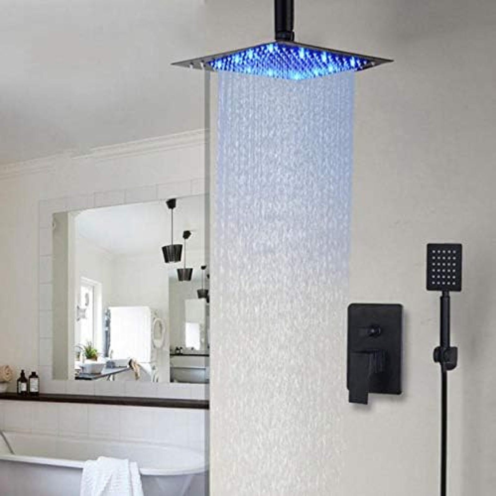 GLJTUO Bathroom Shower Faucet Set Black Brass 8 InchCold and Hot Mixer Tap W/Waterfall 2-Functions Rainfall Shower Head