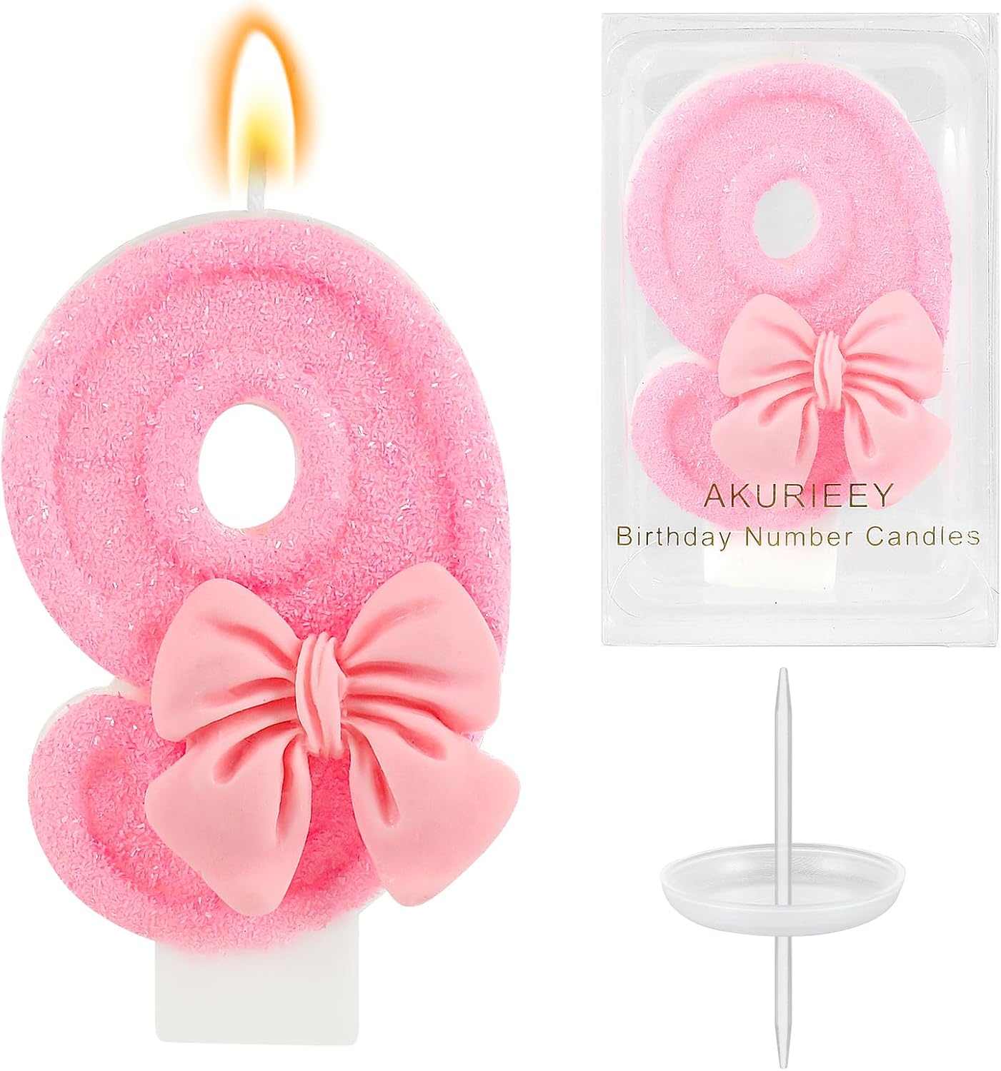 AKURIEEY Pink 1st Birthday Candle Bow Numbers 1 Candle Cake Topper Cupcake Decorations Party Decor for Girls and Women Anniversary Celebrations Supplies