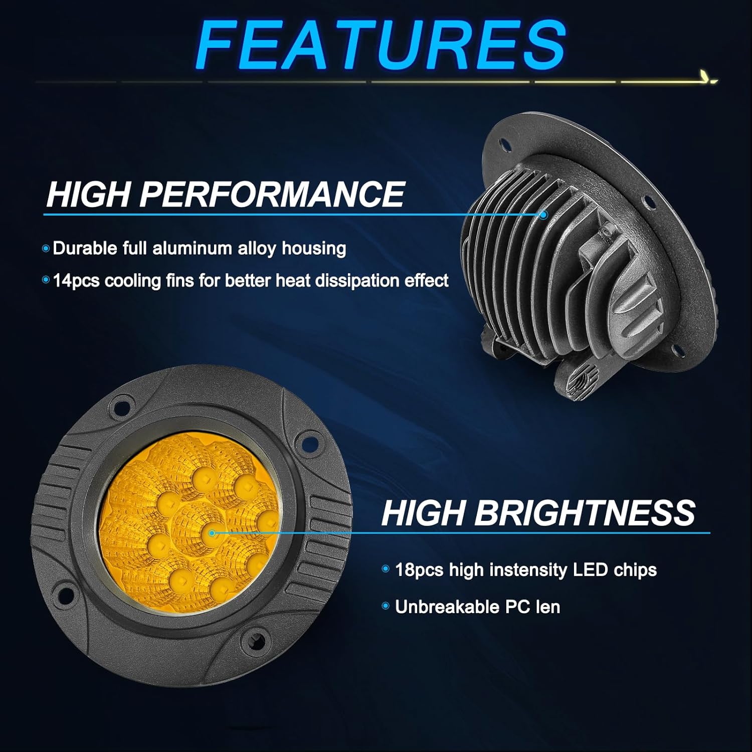 ACEC SHOP Amber Flush Mount LED Pods, 2PCS 54W 5Inch Flush Mount Fog Lights Flood Beam Round Yellow Pod Light Flush Bumper Lights for Trucks Pickup SUV UTV ATV Golf Cart Tractor