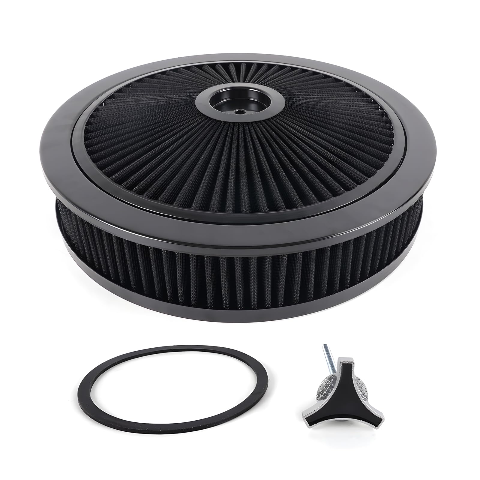 Photo 1 of 14" X 3" Round Air Cleaner Filter Assembly Kit With High- Flow Thru Lid Washable & Reusable for Caburetor Lid 5-1/8" Carb Neck Compatible with Ford/GMC/Chevy SBC BBC (BLACK)