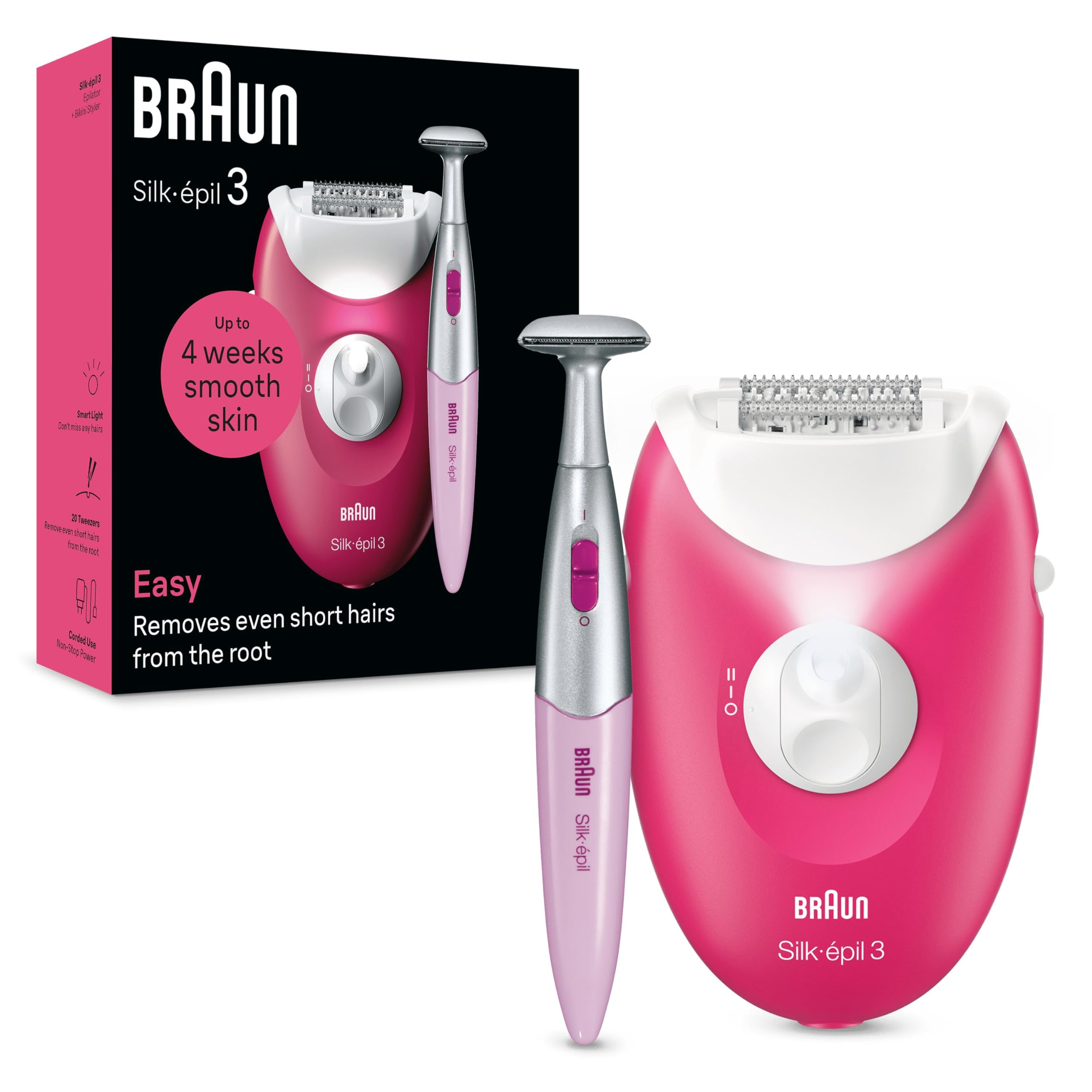 Braun Silk-épil 3, Depiladora Con Cable Para La Eliminación Del Vello, Semanas De Piel Suave, 3-202, Frambuesa