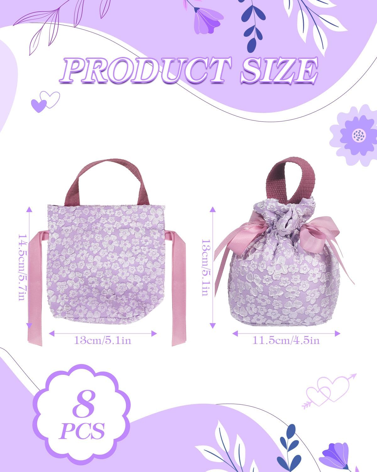 8 Pieces Floral Small Gift Bag with Handles, Drawstring Candy Pouch, Tea Party Favor Bags, Floral Thank You Gift Bags for Wedding Birthday Bridal Shower Baby Shower(Purple) - Image 3