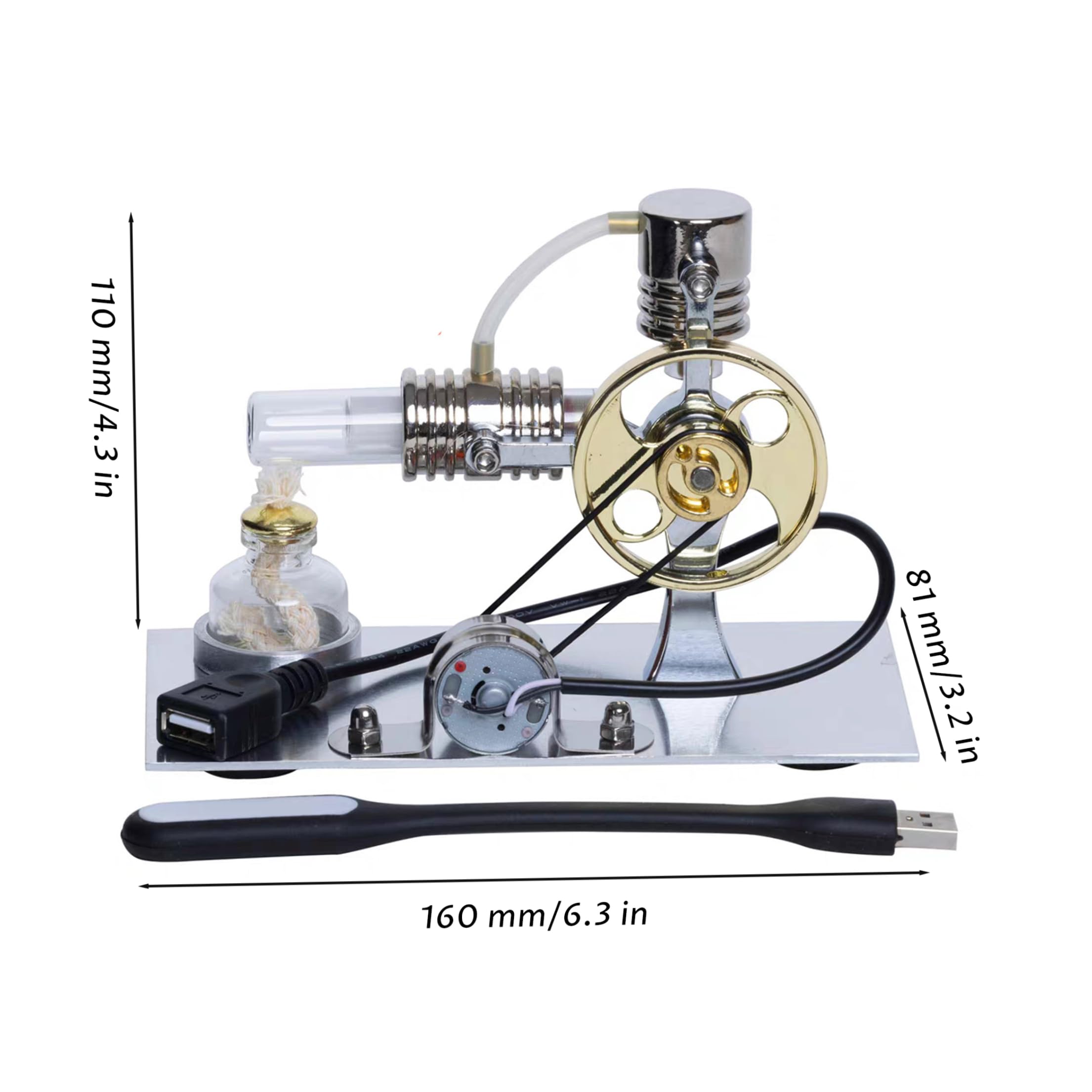 Motor Stirling, generador de motor Stirling en forma de L de metal, modelo de generador de energía con puerto USB y luz nocturna, experimento físico presente para entusiastas de la tecnología y niños