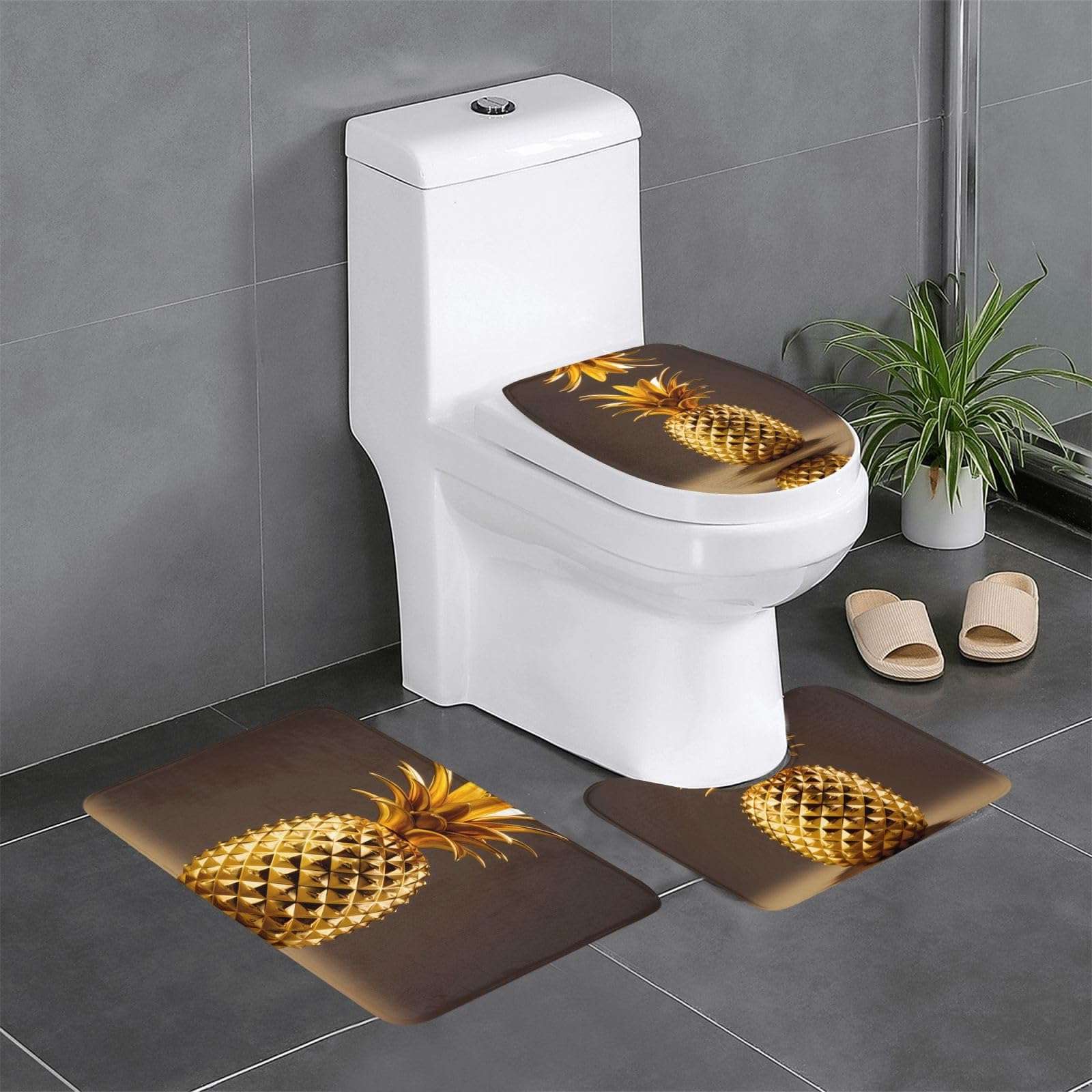 Tapis de salle de bain antidérapants motif ananas doré ensemble de trois pièces luxe
