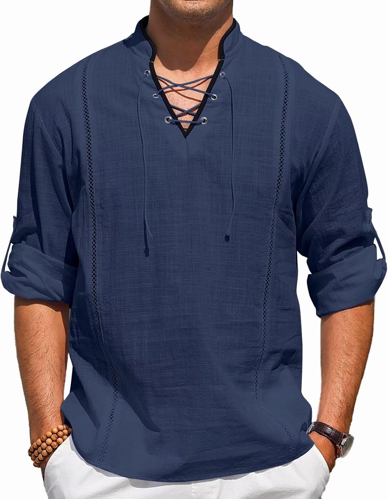 Men's Pirate Shirt Costume Drawstring Tops Renaissance Viking Medieval Halloween Cotton Linen Shirts