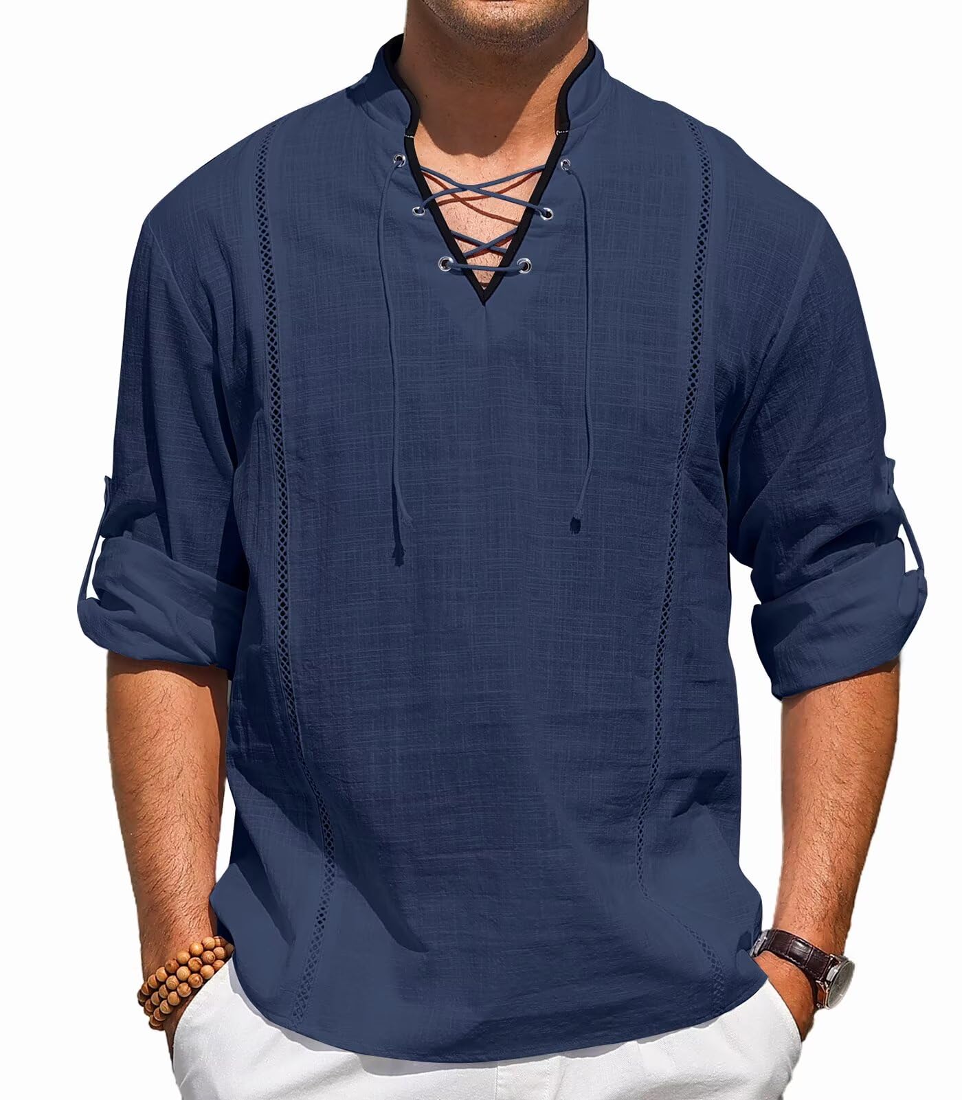 EDITCOZY Men's Pirate Shirt Costume Drawstring Tops Renaissance Viking Medieval Halloween Cotton Linen Shirts