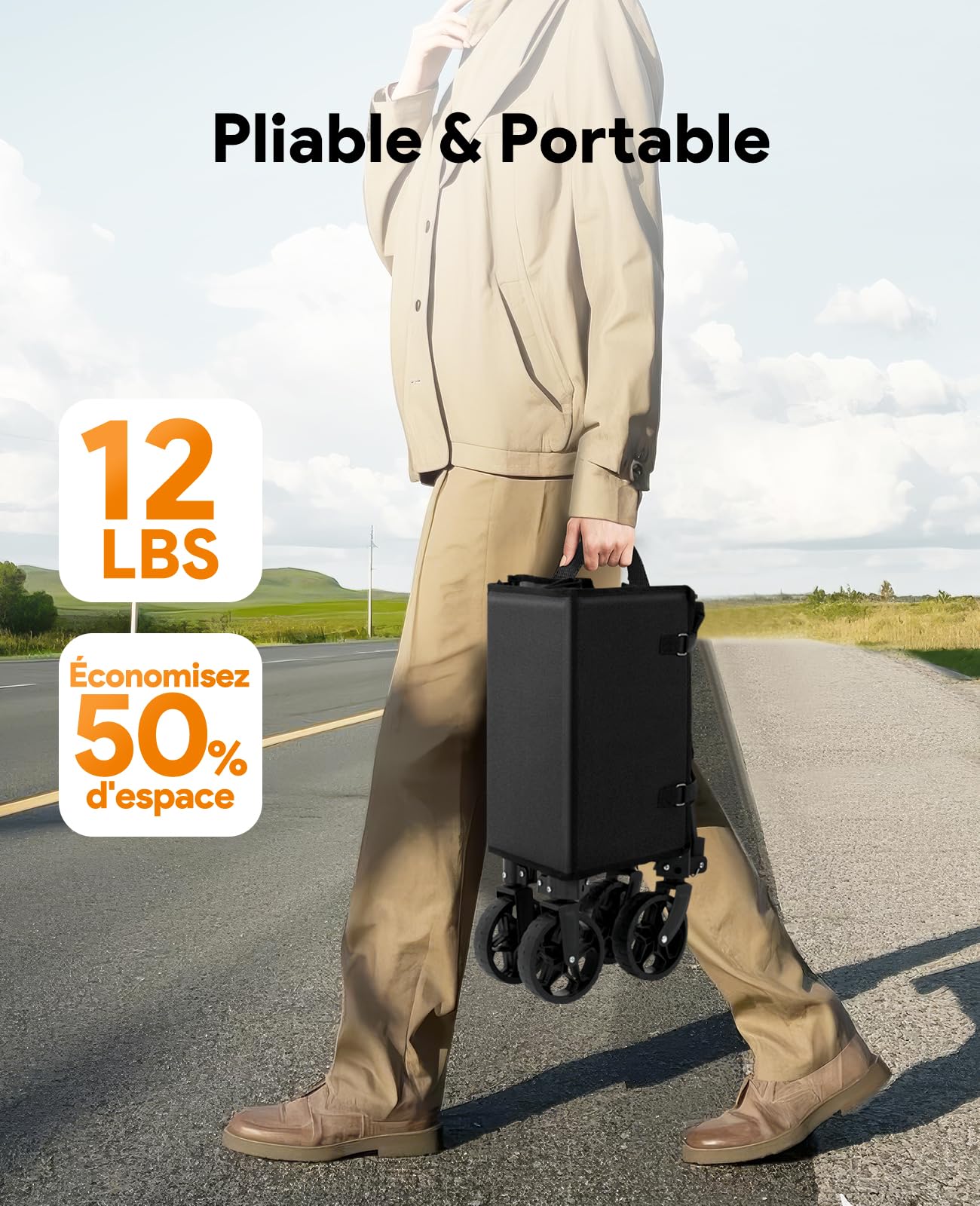 Chariot Pliable 3 en 1 Convertible en Banc, 120L pour l'Épicerie, Chariot Pliable 220lbs avec Roues, Utilitaire pour Plage, Sport, Camping, Jardin, Brouettes, Noir foncé