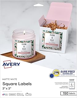 Printable Square Labels, Sure Feed Technology, 3" x 3", Matte White, Permanent Adhesive, Laser/Inkjet Printable, 150 Blank Labels, Great for Product Merchandising, Stickers, and More (5659)