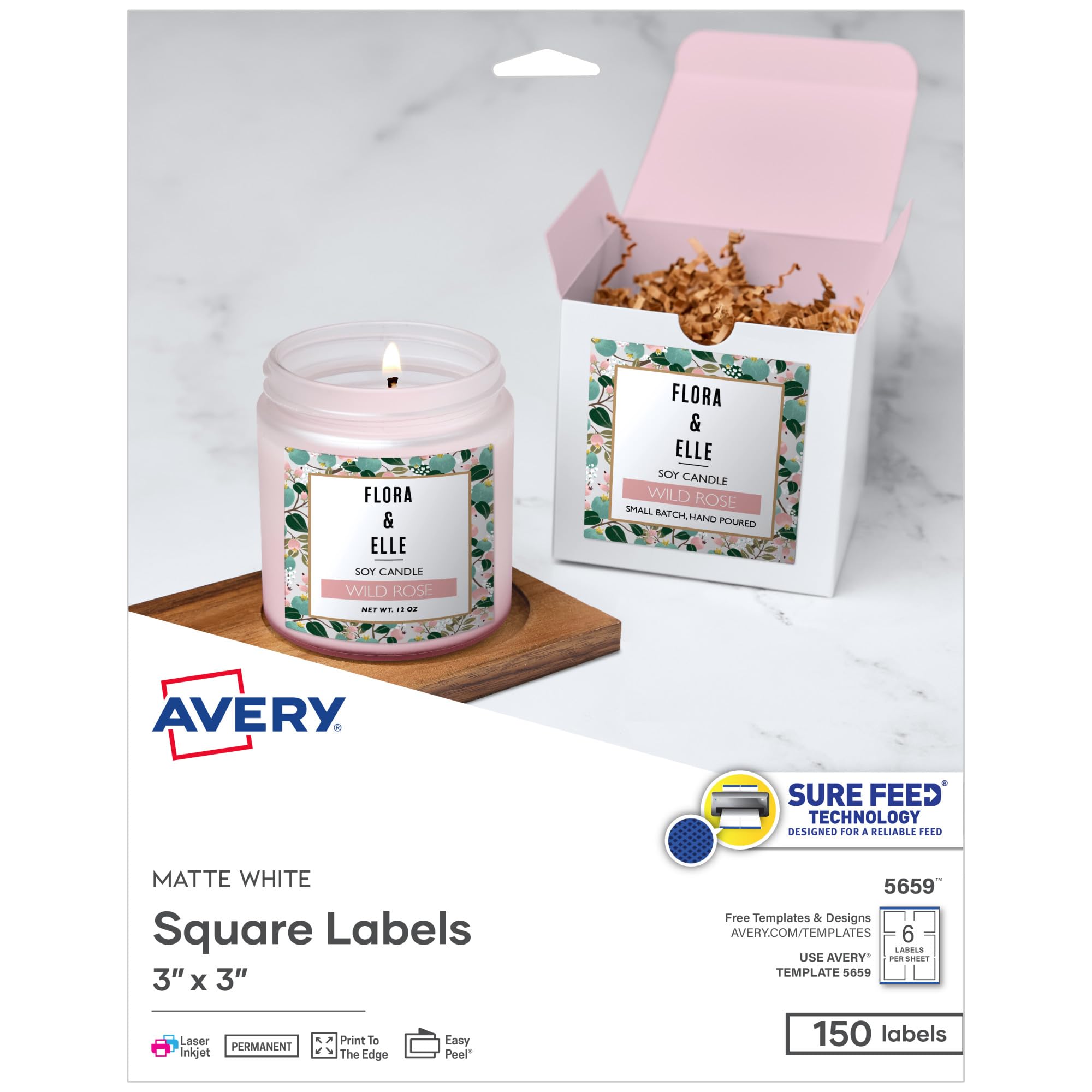 Avery® Printable Square Labels, Sure Feed® Technology, 3" x 3", Matte White, Permanent Adhesive, Laser/Inkjet Printable, 150 Blank Labels, Great for Product Merchandising, Stickers, and More (5659)