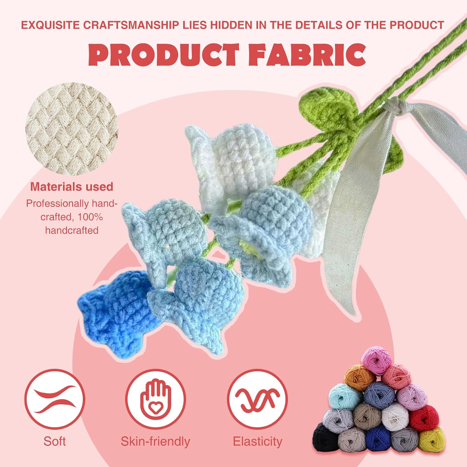 2Pcs Car Decorations Car Hanging Ornaments, Crochet Flowers Bag Charms Decor Cars Rear View Mirror Accessories Hand Knitted Crochet Flower Decor, for Room Backpack Keychain Decoration Pendant (Pink)