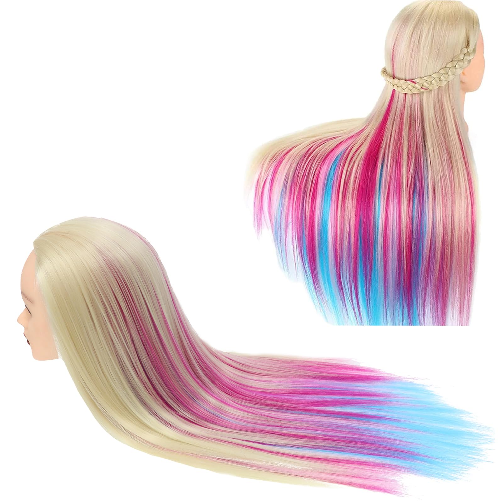 Testina Parrucchiere 28 Inch Capelli 100% Fibre Sintetiche con Morsetto Libero Arcobaleno