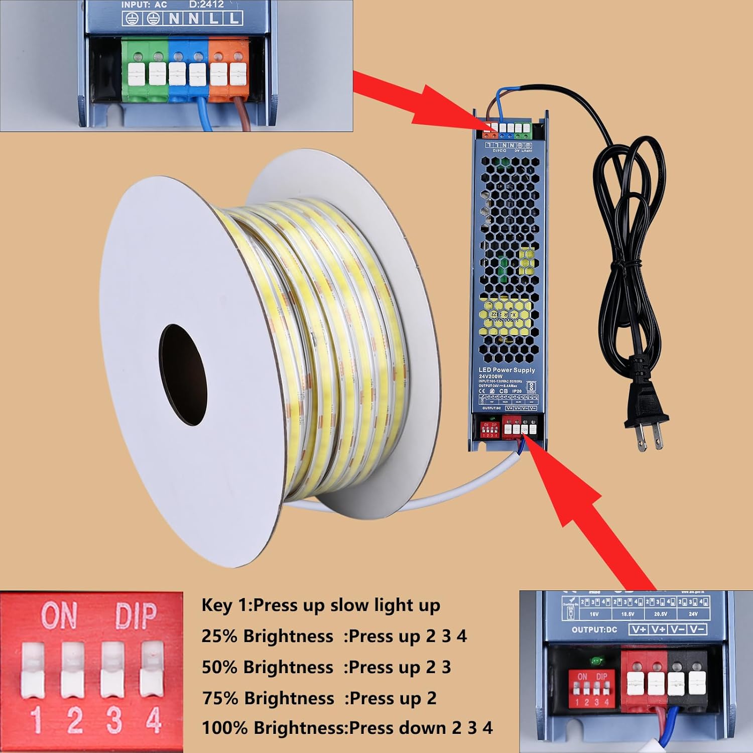24V COB LED Strip Lights Outdoor Waterproof 65.6FT, 3000K Warm White Dimmable IP67 CRI 93 LED Rope Light with Power Supply for Bedroom Living Room Garden Commercial House