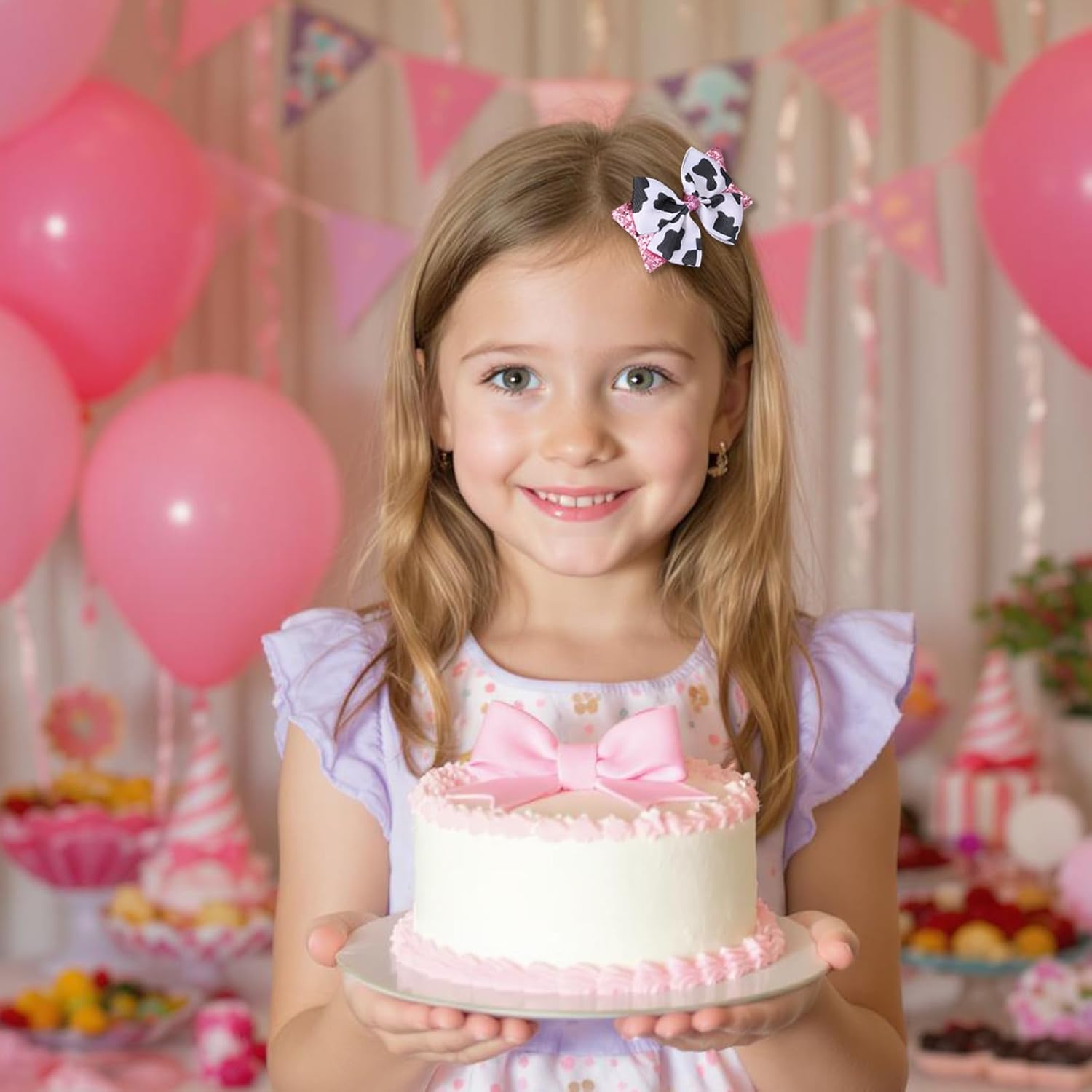 2Pcs Moo Cow Print Hair Bows, Cute Cow Hair Bow Clips, Pink Sequins Ribbon Alligator Clips Farm Animal Themed Accessories for Toddlers Baby Little Girls Kids Teens Women, Kids' Birthday Party Decor - Image 6