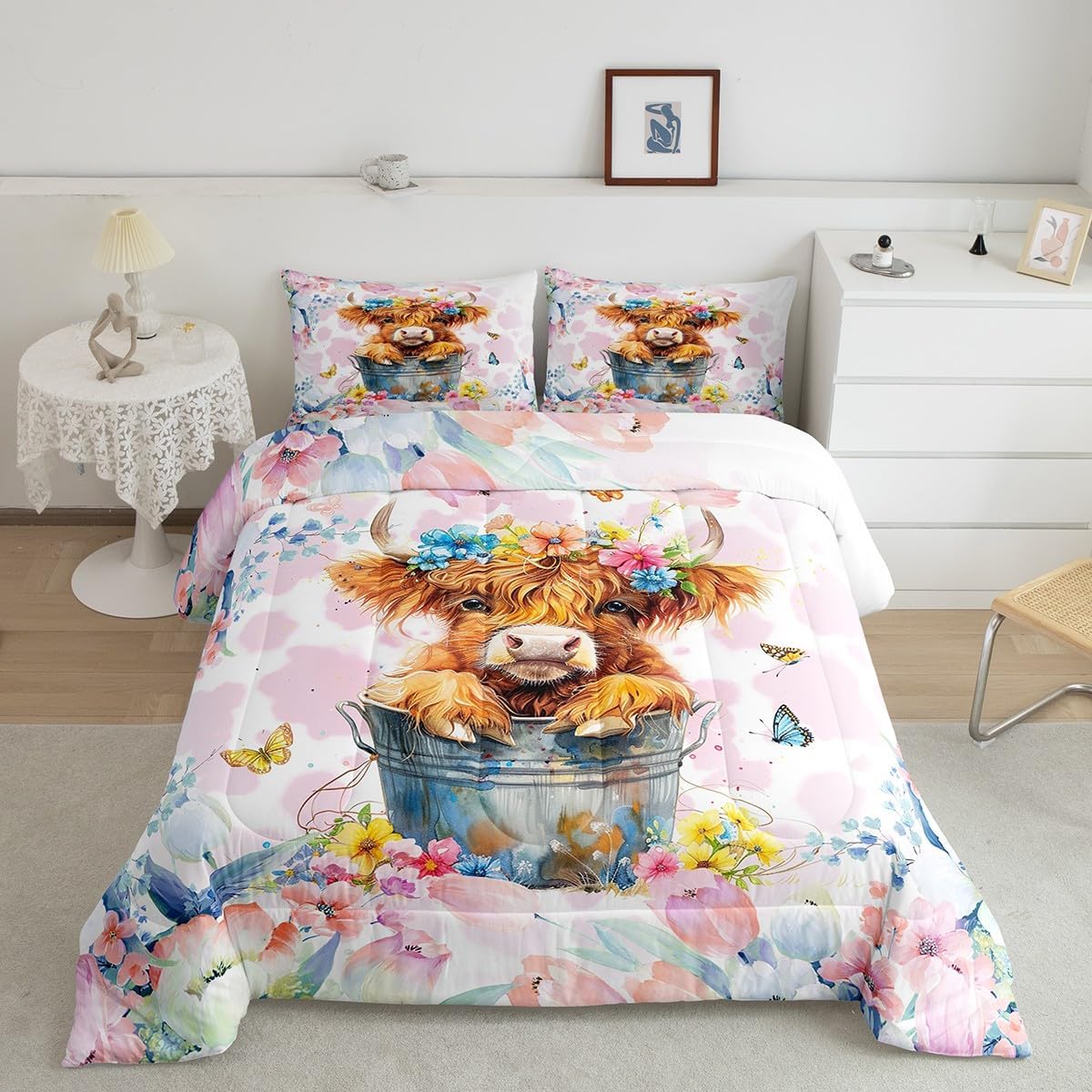 Feelyou Highland Cow Comforter Set Queen Size Cute Highland Cattle Bedding Set for Kids Boys Girls Teens Toddler Wild Animal Duvet Set Colorful Flower Quilt Set 3Pcs