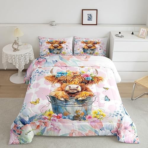 Feelyou Highland Cow Comforter Set King Size Cute Highland Cattle Bedding Set fo