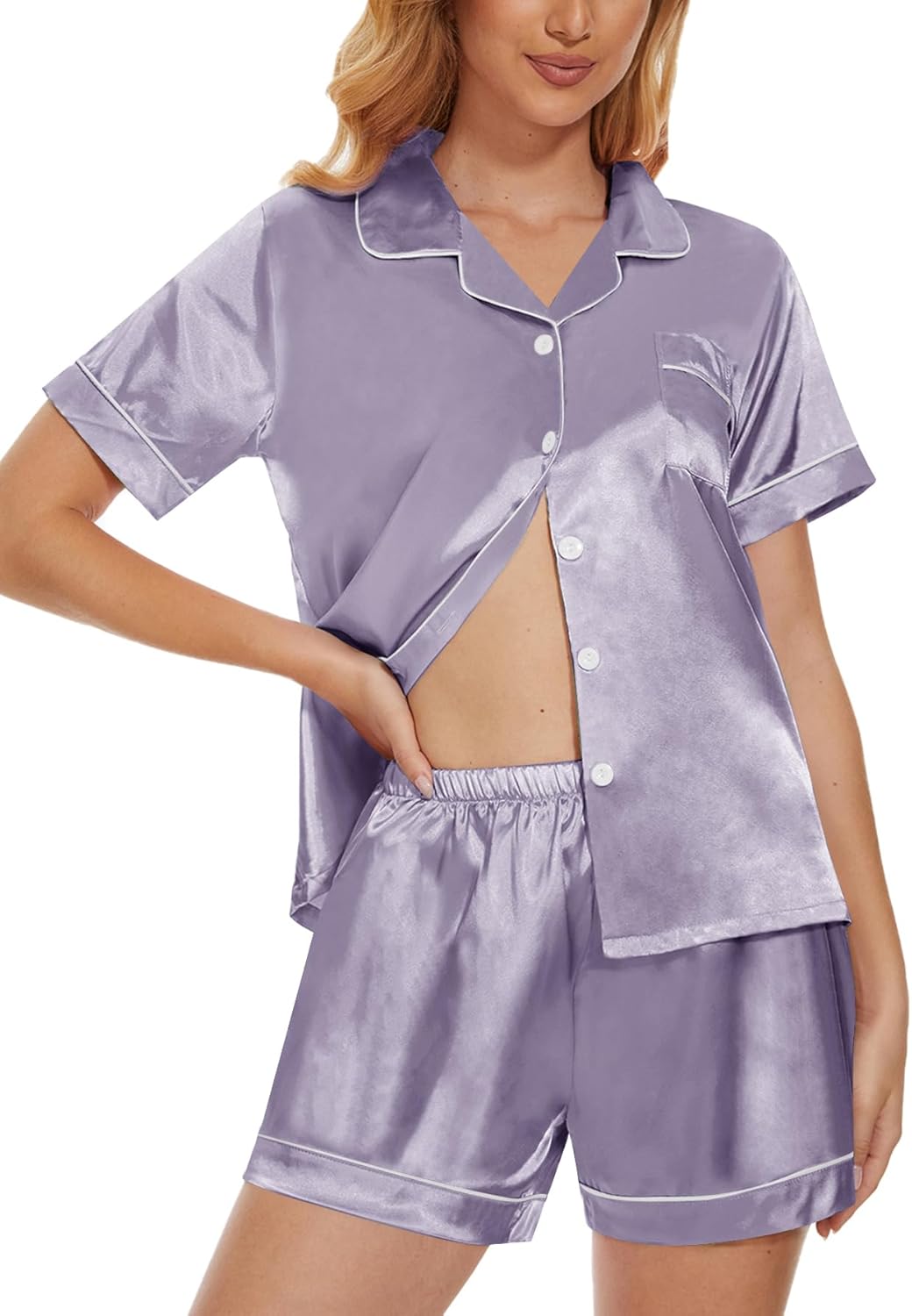 YIJIU Womens Silk Satin Pajamas Set Short Sleeve Sleepwear Soft Button Down Loungewear Two-piece Pjs Sets XS-XXL - Image 2