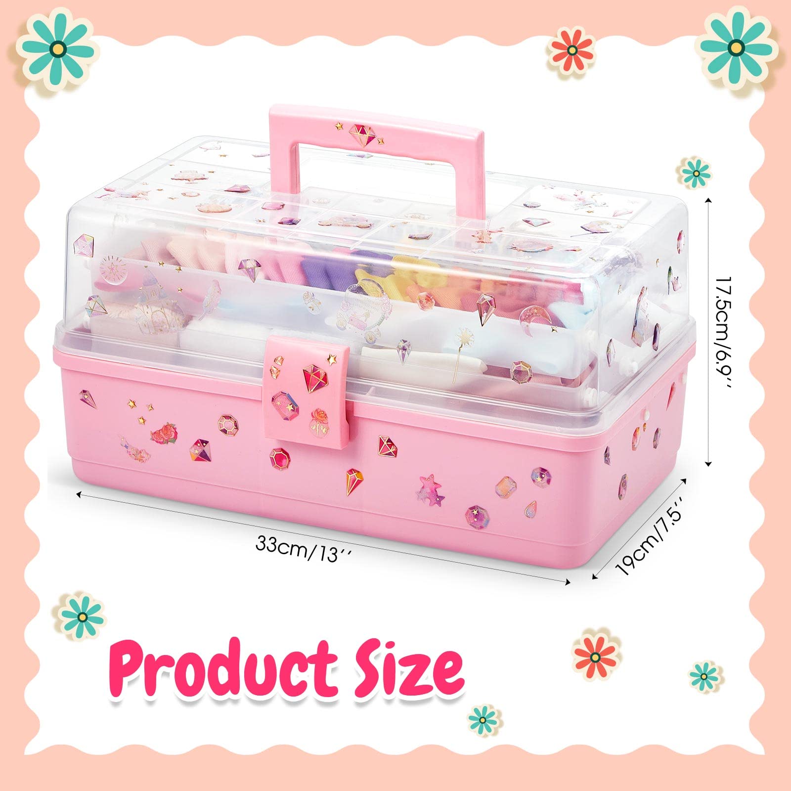 Rtteri Hair Accessories Organizer 13 Inch Hair Accessories Storage Box with Fold Tray and Handle 3 Layers Plastic Tool Organizer Box for Art Sewing Nail with Stickers(Pink)