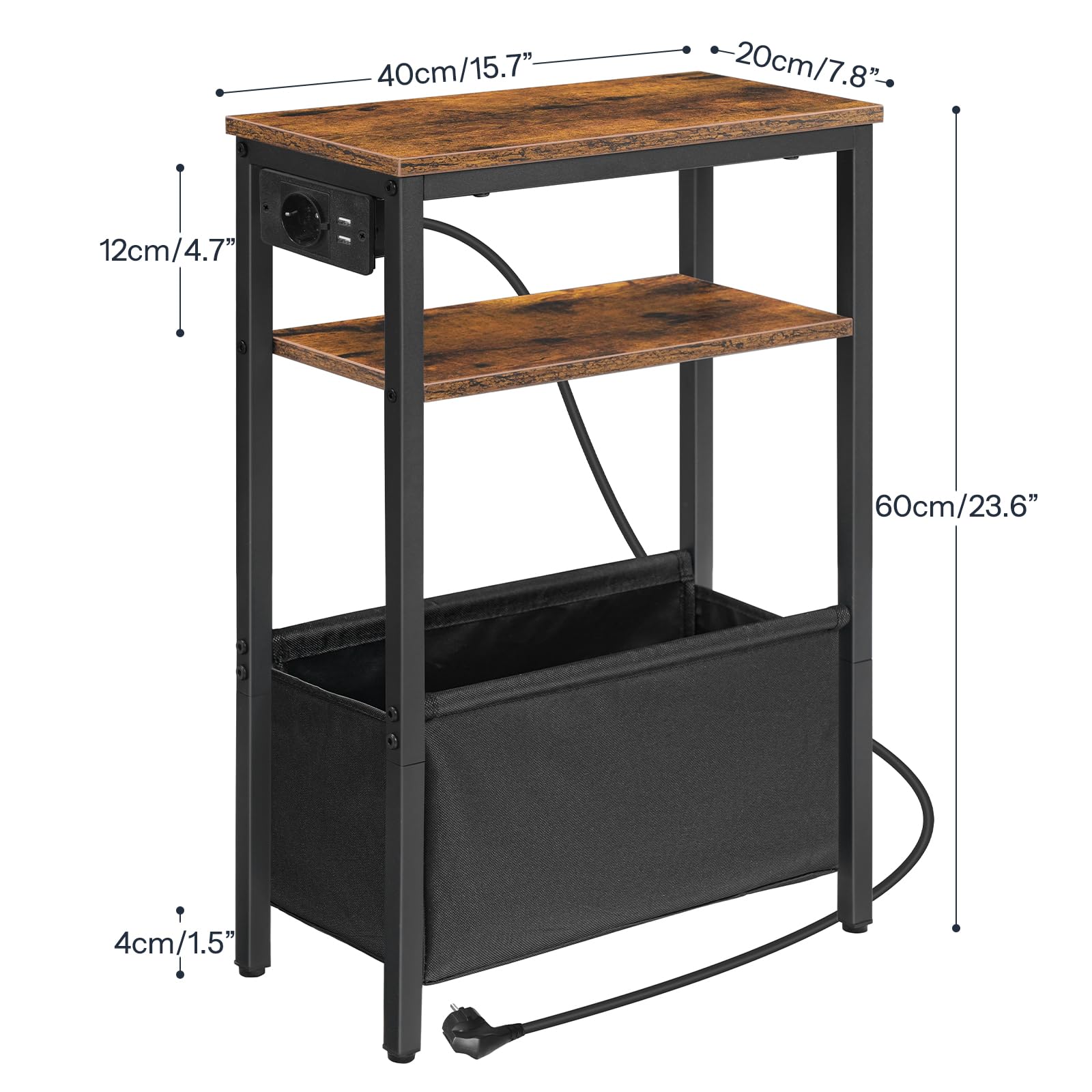 HOOBRO Table d’Appoint étroite, Table de Chevet avec Station de Charge et Rangement, Bout de Canapé avec Prise et Ports USB, pour Petit Espace, Chambre, Salon, Marron Rustique et Noir EBF125CBZ01