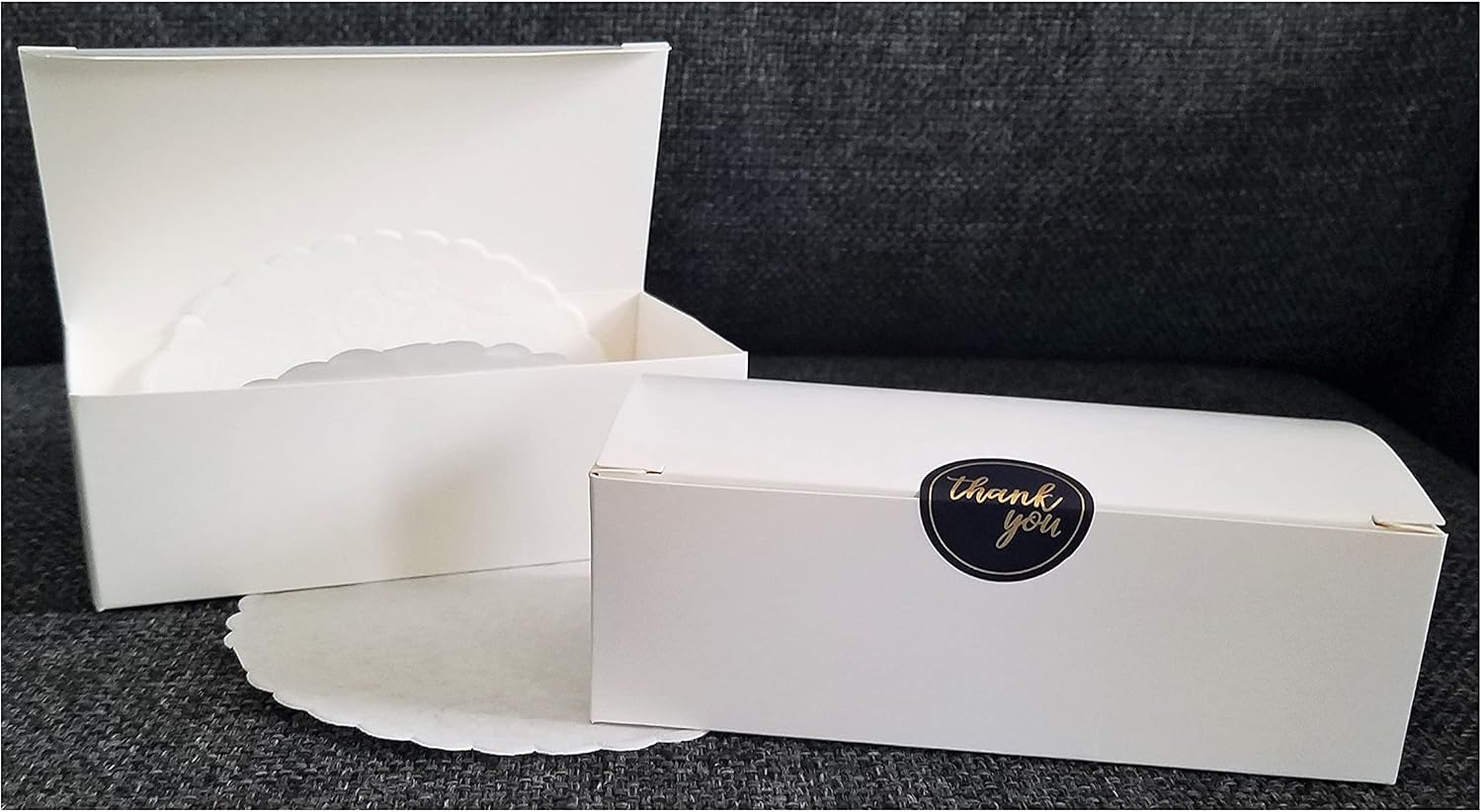 Cake Slice Boxes for Wedding Guest, Small White Paper Doilies, and Thank you stickers 25 qty (2)