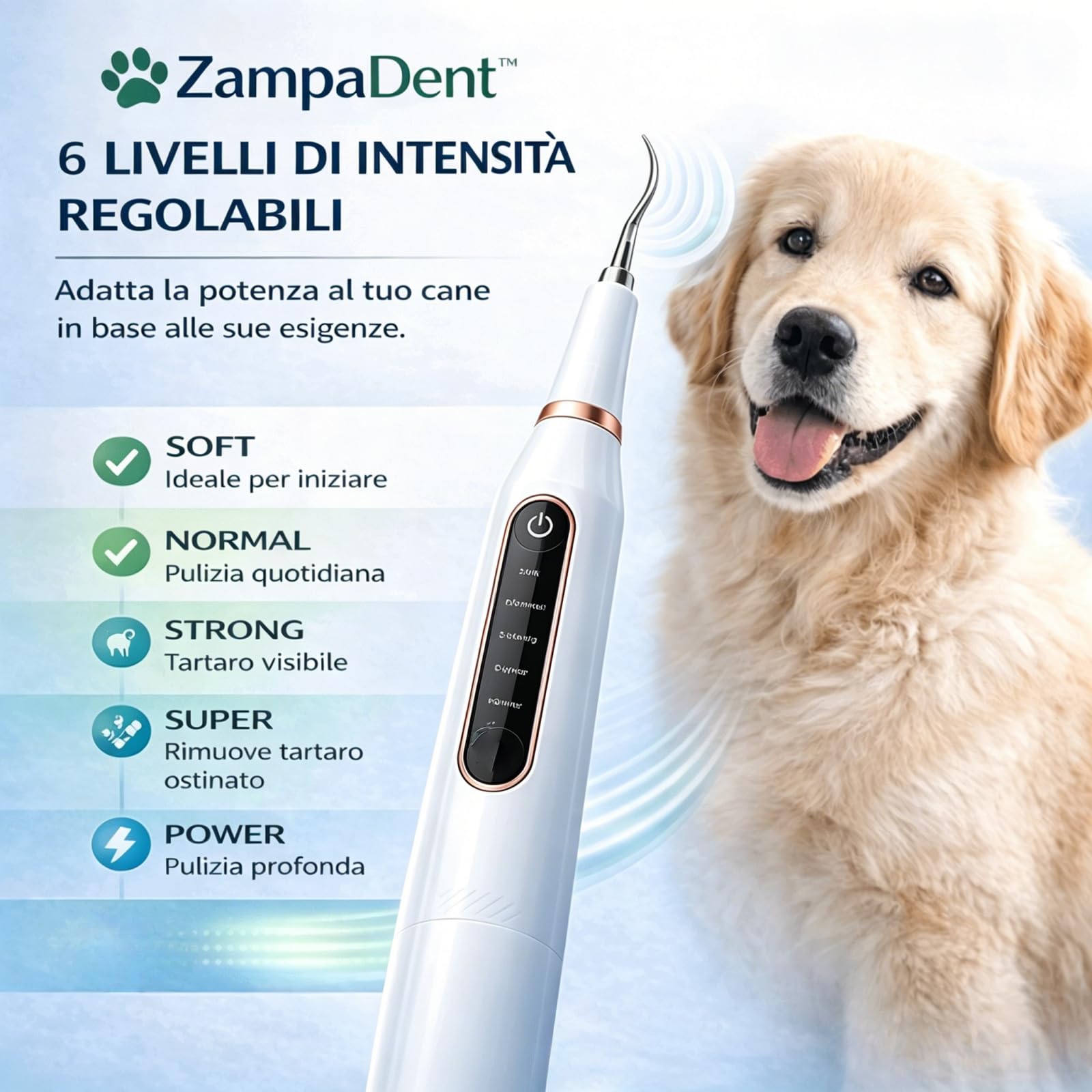 Zampadent Dispositivo Professionale Per La Pulizia Dentale Del Cane,Kit Pulizia Denti Elettrico 6 Modalità,IPX6,Ricaricabile USB Type-C,Rimuovi Tartaro e Placca Dentale