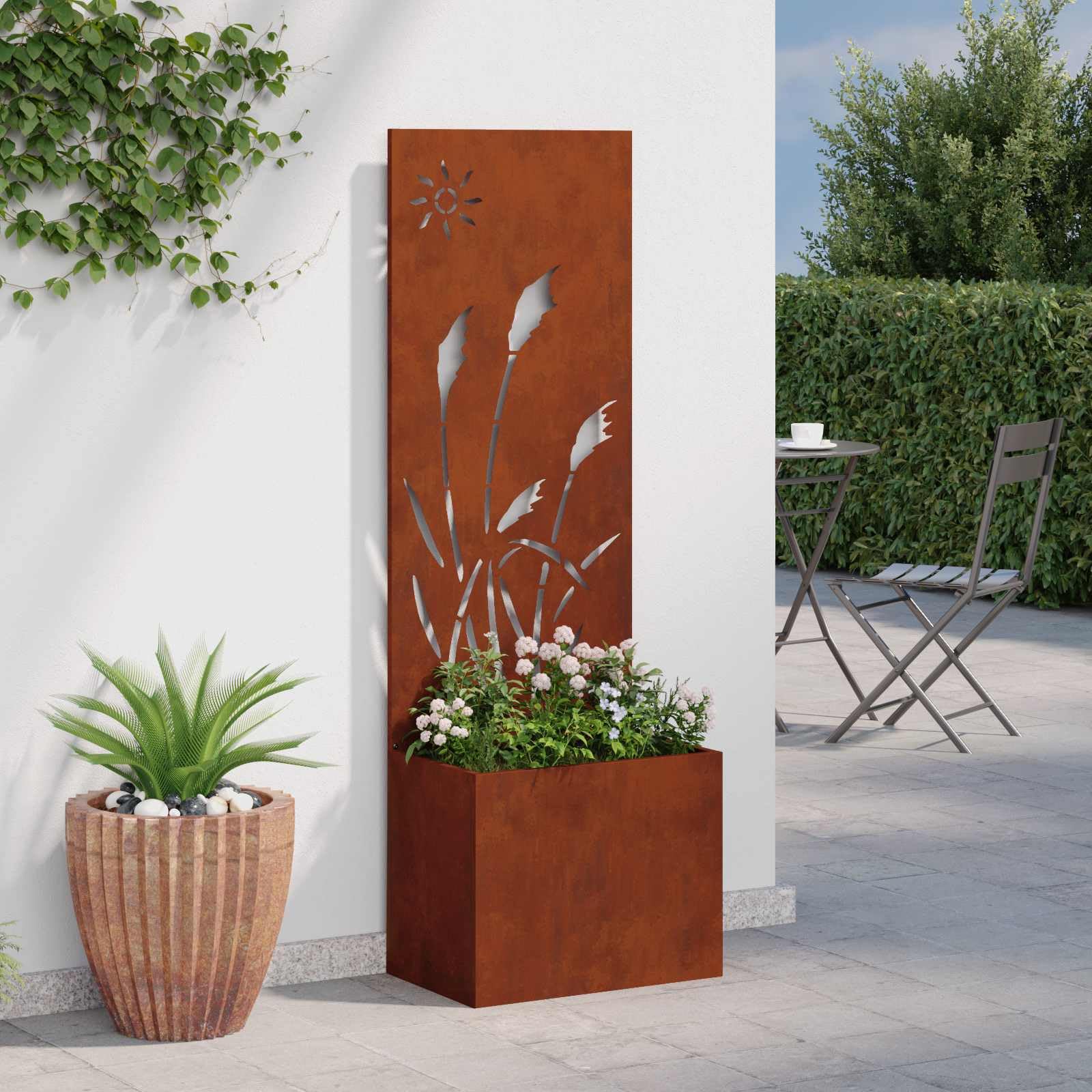 Ogrodowa ochrona przed wzrokiem na płótnie, zardzewiałe 50 x 150 cm, stal odporna na warunki atmosferyczne z dekoracyjnymi wstawkami, matowa powierzchnia, stabilna konstrukcja, na taras i