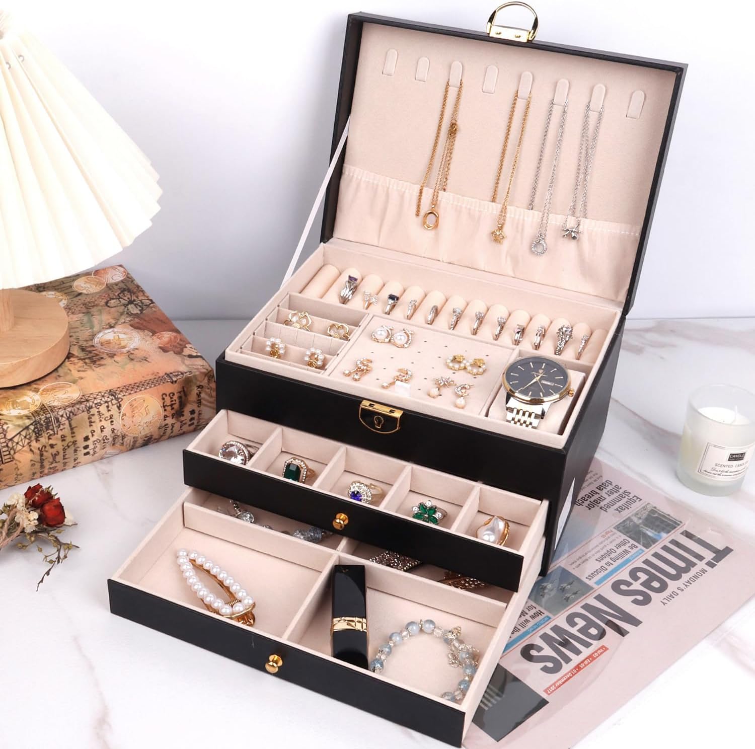 Jewelry Organizer Box for Women, Large Jewelry Organizer with Lock, 3 Tier Storage Box with Velvet Lining, 2 Drawers, Necklace Hooks, Ring Rolls