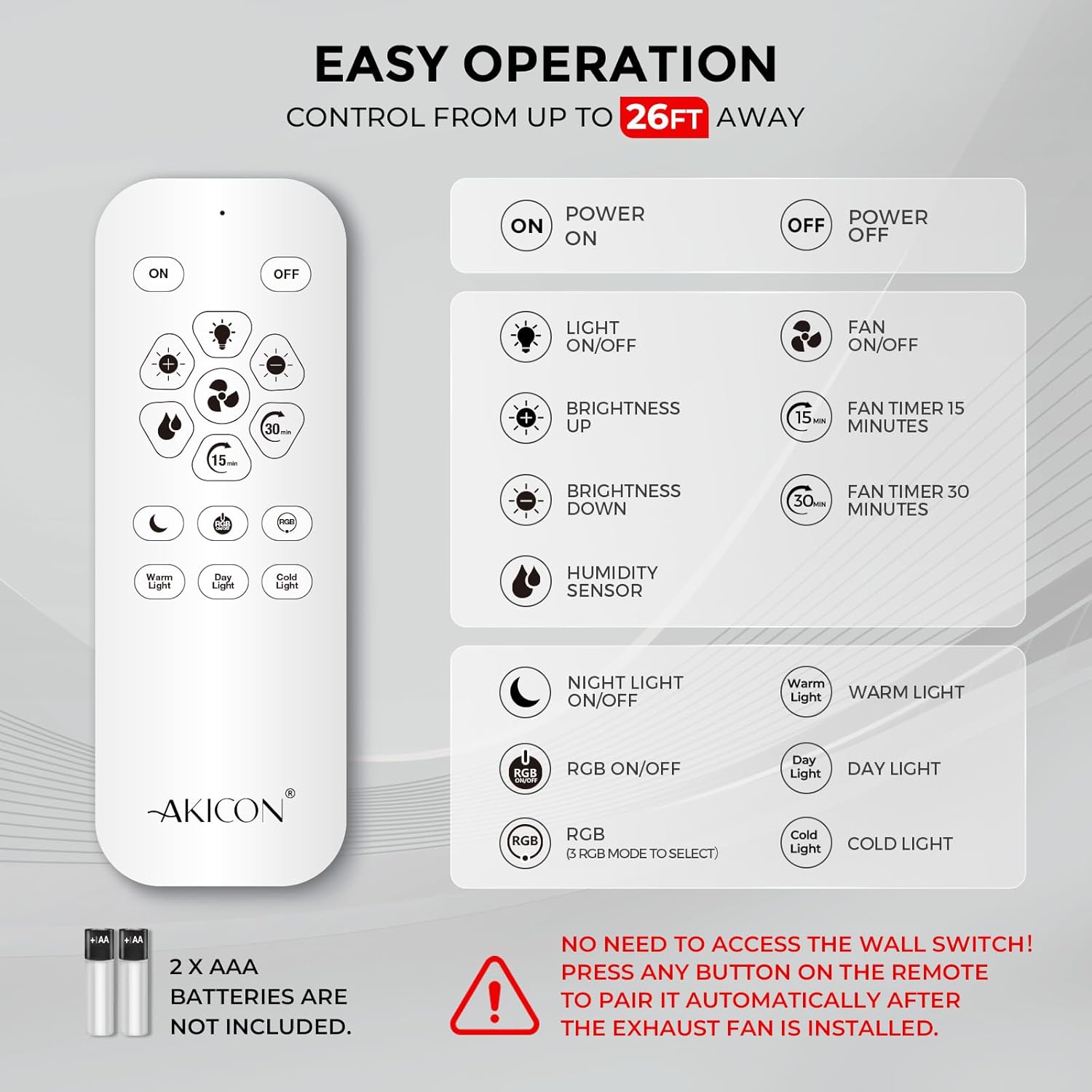 Akicon Bathroom Exhaust Fan with RGB Light, 110 CFM 1.5 Sones Bathroom Vent Fan with Humidity Sensor & Dimmable 3CCT LED Light, Square, Black, No Wall Switch Required