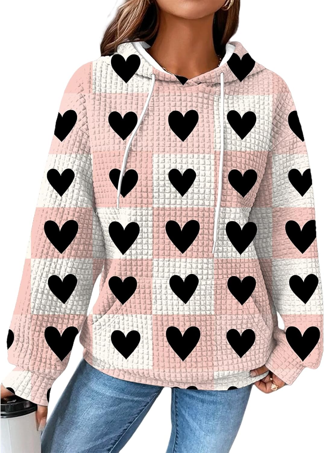 Valentines Day Hoodies For Women Heart Print Pullover Oversized Waffle Cute Graphic Hooded 2025 Spring Sweatshirt