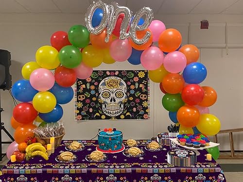 Miniatura 5 de USERTEN 97 piezas de suministros de decoración de fiesta del Día de los Muertos con calavera de azúcar, juego de vajilla mexicana para 12 invitados,