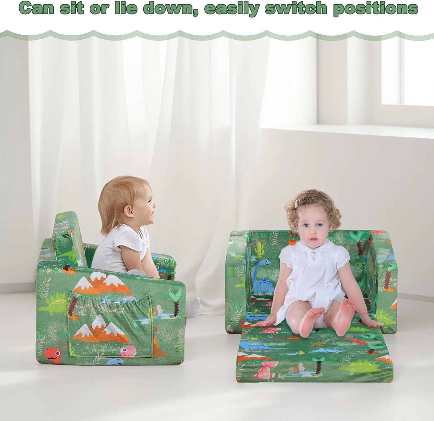 Foam Kid Sofa Chair,2 in 1 Convertible Sofa to Bed for Baby,Velvet Toddler Sofa Couch with Side Pocket for Kid Using (W22.04) (Green)