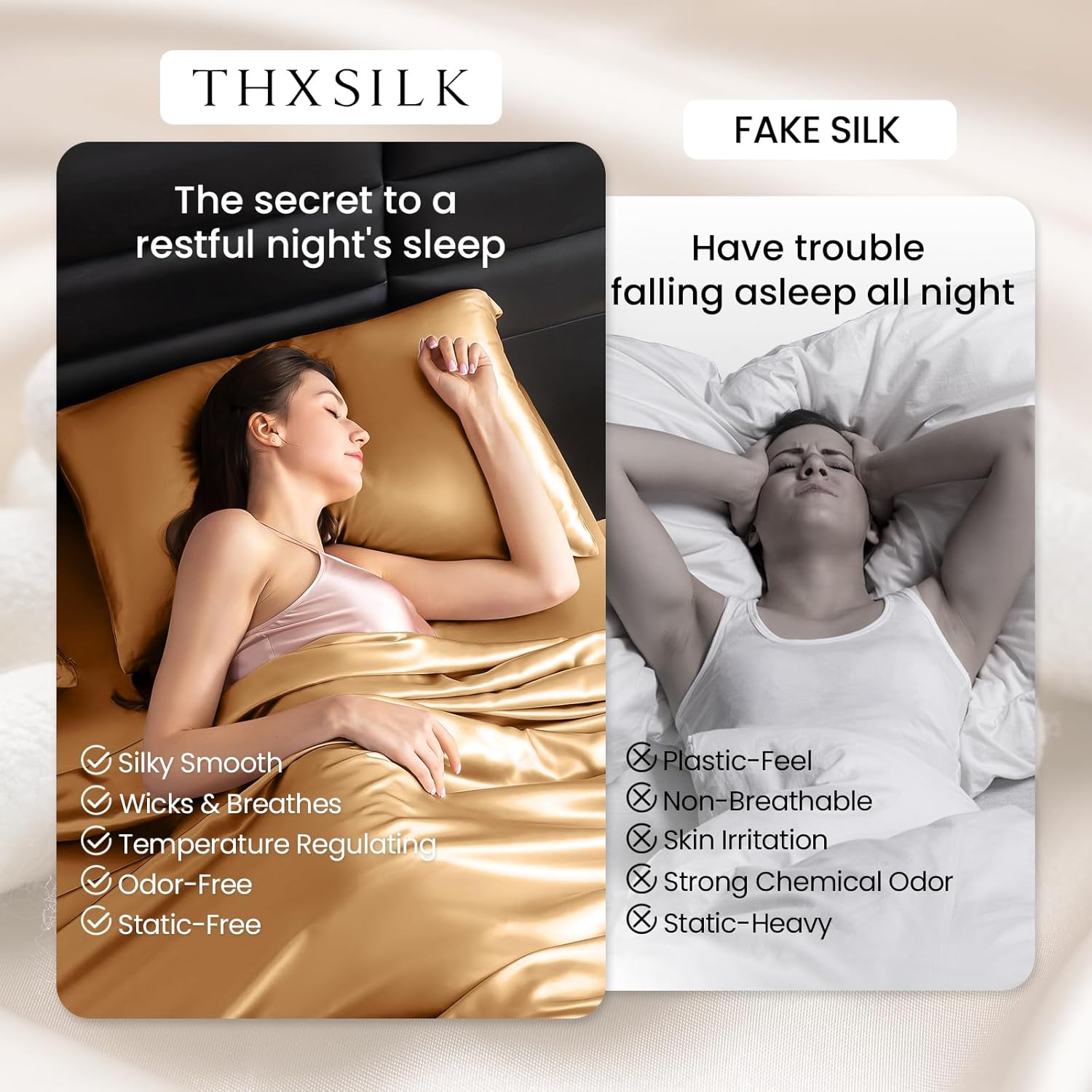 THXSILK Silk Sheet Set 4 Pcs, Queen Size Sheet Set, 22 Momme 7A+ Silk Sheets, Soft and Breathable Bed Sheets with 1 Flat Sheet, 1 Fitted Sheet, 2 Pillow Shams, Metallic Gold