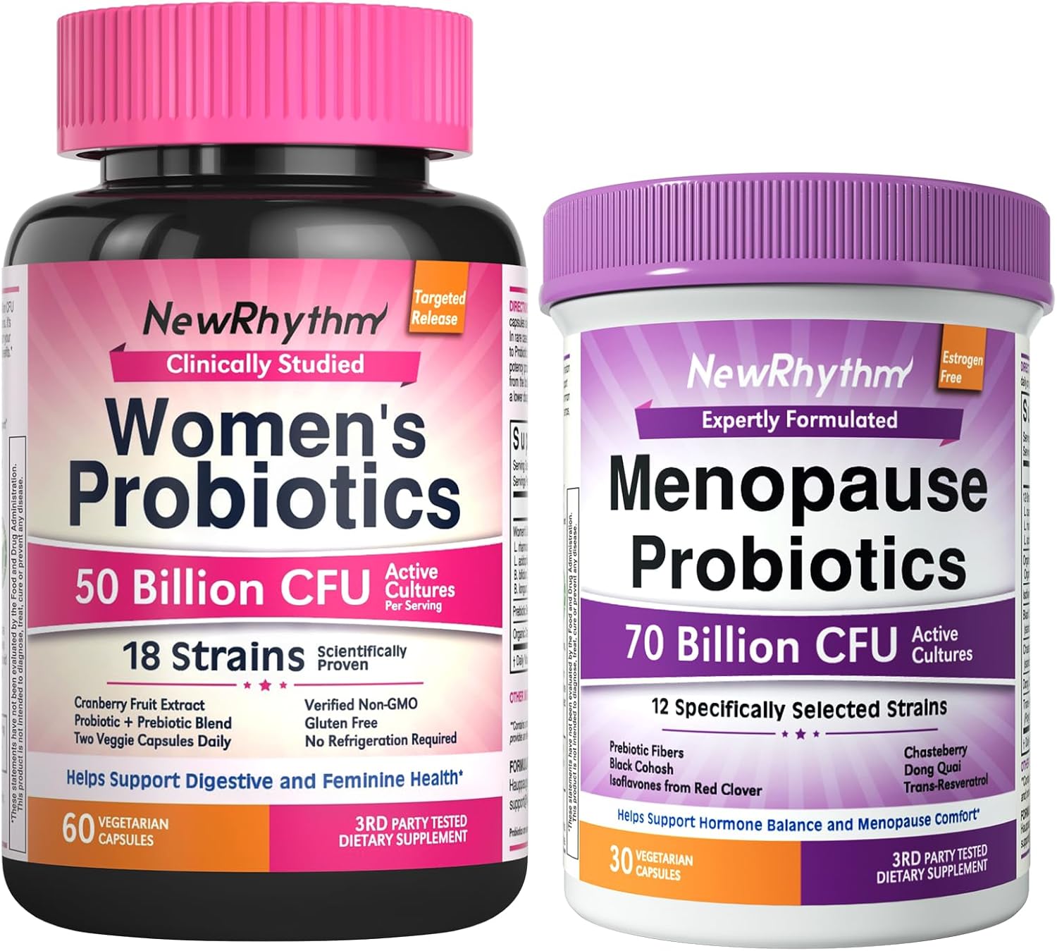 NewRhythm Female Health Bundle: Vaginal Flora Balance + Menopause Comfort, Organic Cranberry, Black Cohosh, 18 Probiotic Strains, 90 Vegan Caps