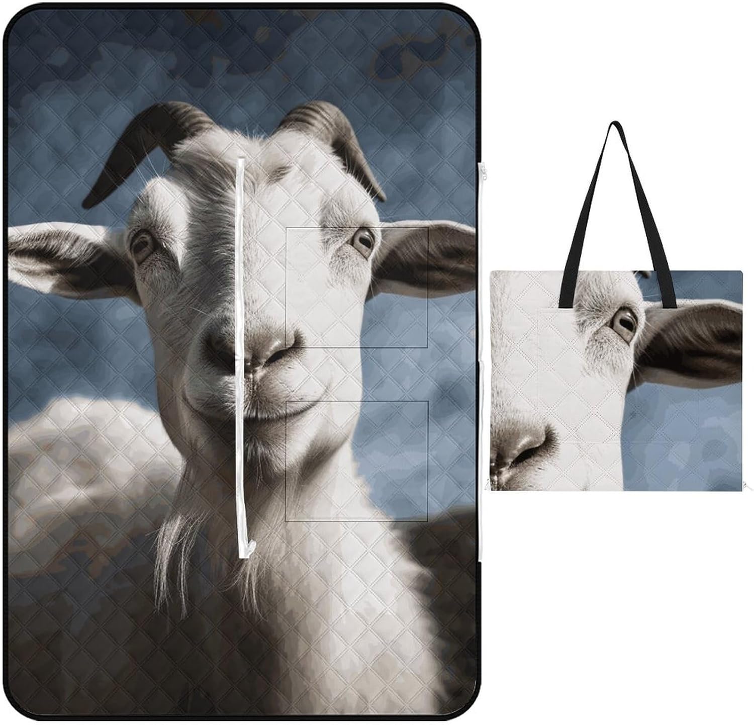 Goat Picnic Blanket 150x100cm, Foldable 2-in-1 Picnic Mat and Tote Bag Portable Waterproof Beach Mat Sandproof Outdoor Blanket for Park, Hiking, Beach, Camping, Travel