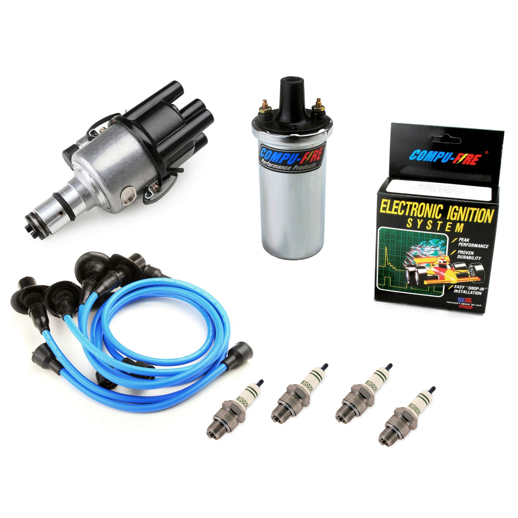 009 Distributor Ignition Kit With Compufire Electronic Module, Compatible With Vw Bug. Includes 12V Compufire Coil, Blue Spark Plug Wires, 4 Bosch WR8AC Spark Plugs