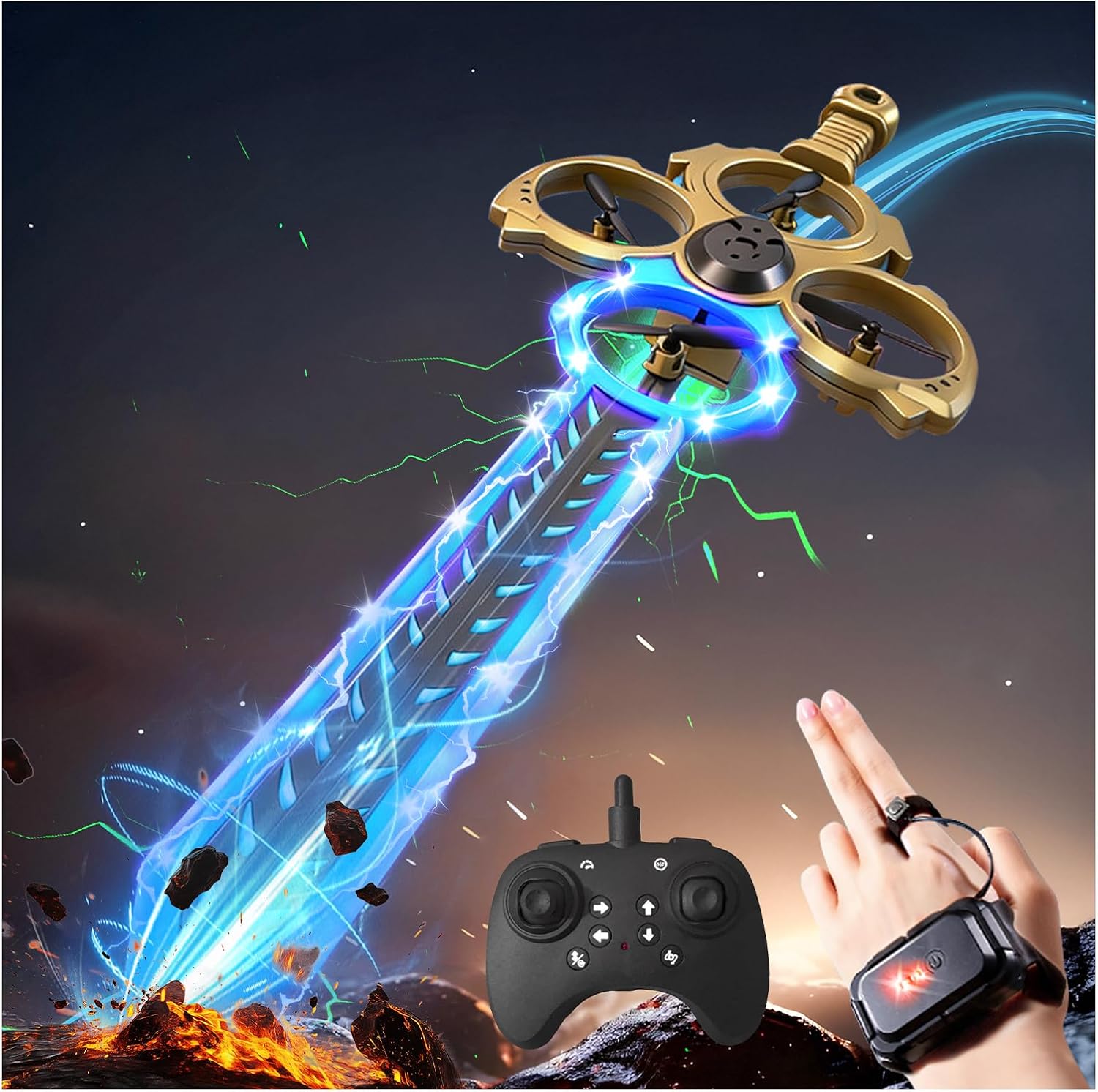 Upgraded Flying Sword RC Drone with Colorful LED Lights, ABS Metal Remote Control Airplane with Hand Gesture & Smart Watch Control, 3 Speed Modes & Stunt Drone for Kids Adults, Upgraded Gold