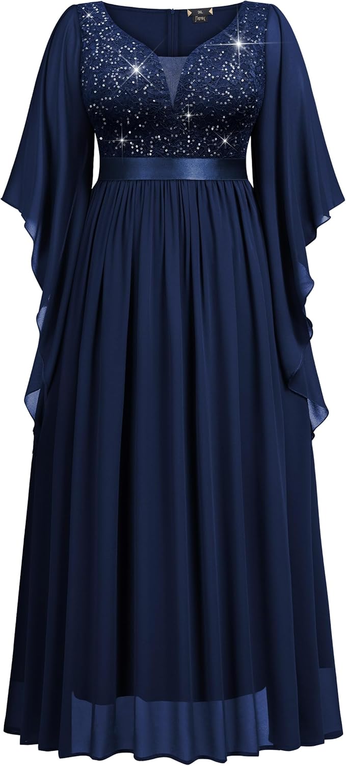 MISSMAY Women's Plus Size Deep V Neck Sequins Lace with Cape Cloak Sleeves Formal Evening Wedding Maxi Dress - Image 5