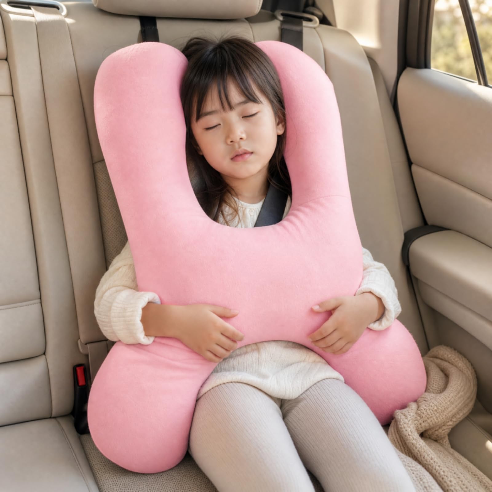 Cuscino con Cuscini Laterali Rialzati Morbido Poggiatesta Delicato Pelle per Bambini, Sedile Posteri Auto, Viaggi, Tipo H