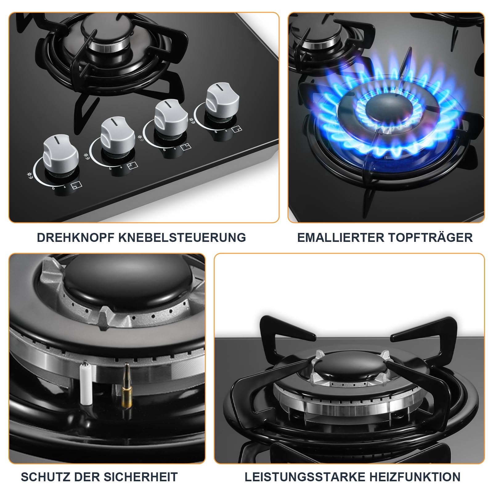 TopStrong Piano Cottura 4 Fuochi Gas, Piano Cottura Vetro Incasso, Protezione Flame-Out, 8060W, Nero, 220-240V