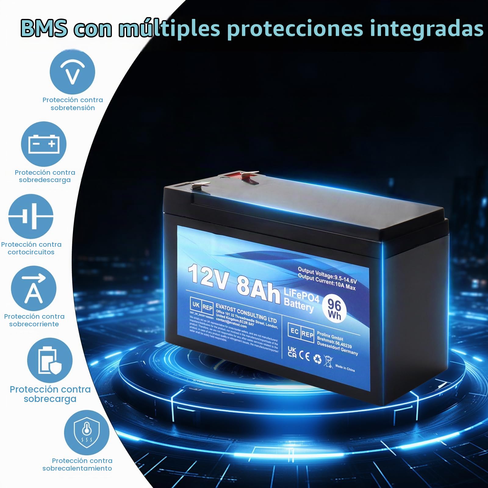 12V 8Ah 96Wh LiFePO4 Batería de Litio Recargable, Ciclo Profundo 2000 Veces con protección BMS, batería LiFePO4 para Botes de Motor, Camping, Scooters, UPS, turbina eólica, Solar, inversores