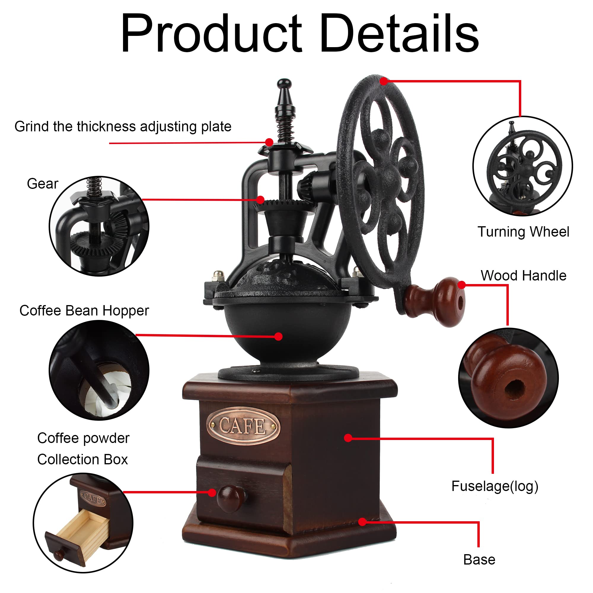 Kaffeemühle, Holz, manuell, braun, sechs Verformungsböden | Gusseisen Handkurbel Antik Kaffeemühle Roller Design für Mesh Kaffee Dekoration & Geschenk