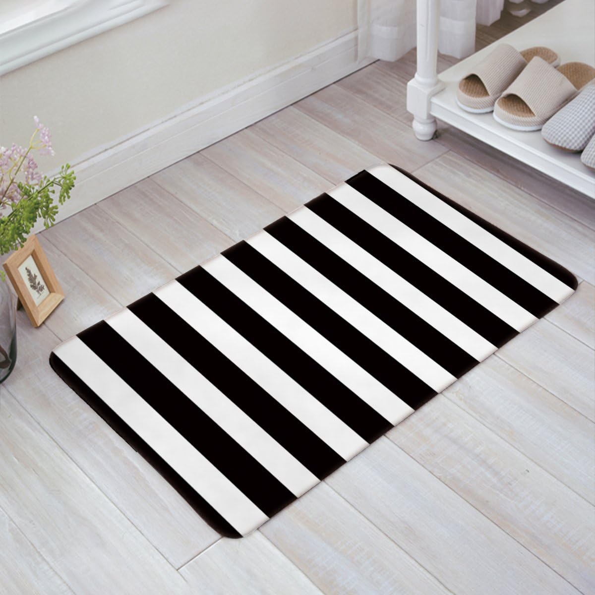 Infinidesign Welcome Doormat Kitchen Floor Bath Entrance Mat Rug Indoor/Front Door Thin Mats Rubber Non Slip 32"x20" Black and White Vertical Stripe