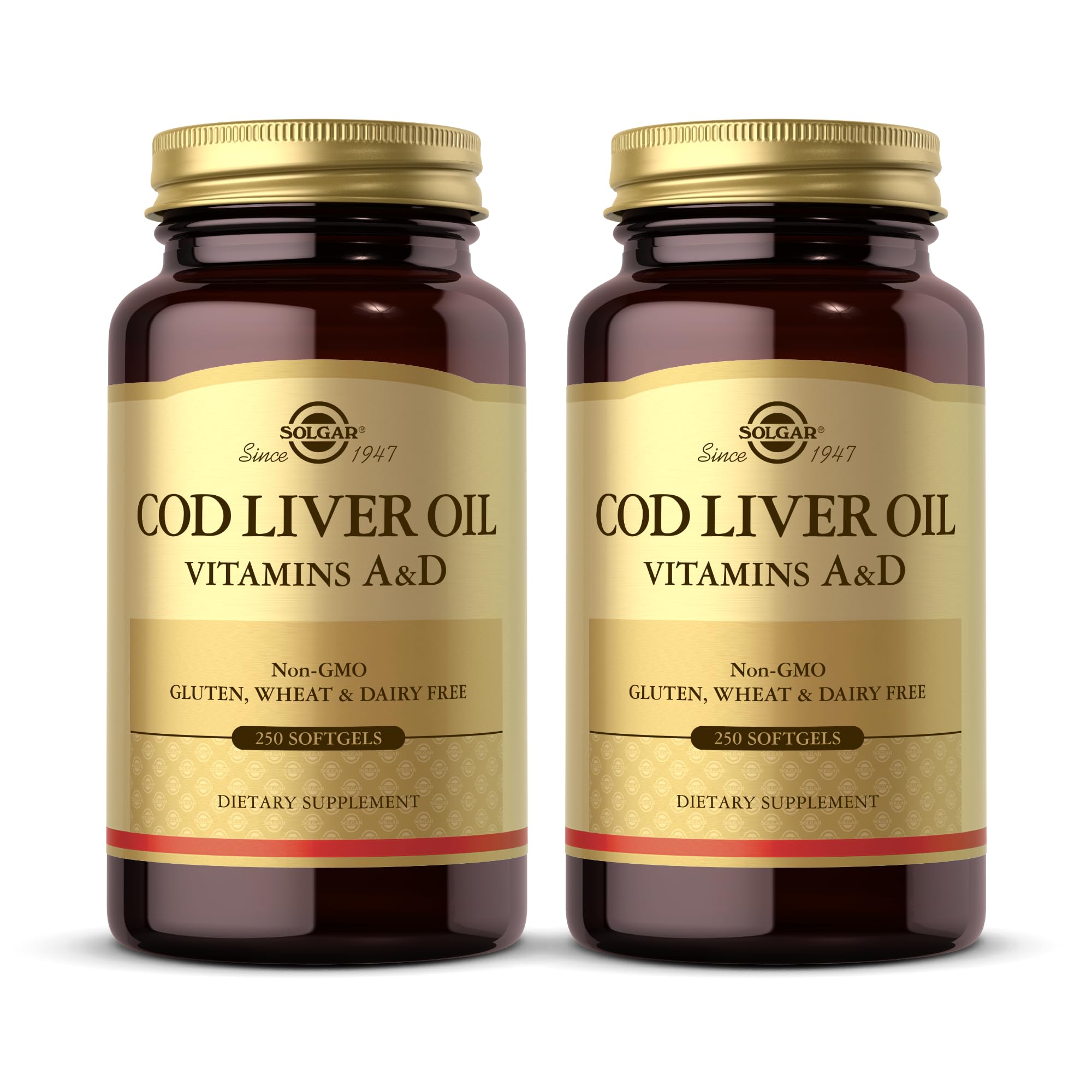 Solgar Cod Liver Oil - 250 Softgels, Pack of 2 - Provides Vitamins A & D - Non-GMO, Gluten Free - 500 Total Servings 250 Count (Pack of 2)