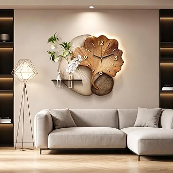 3D Ginkgo Leaf Lighted Wall Decor Clock with Green Plant Vase, Remote Control Decorative Wall Clock, Big Wall Clocks for Living Room Decor A 29.5 * 23.6in