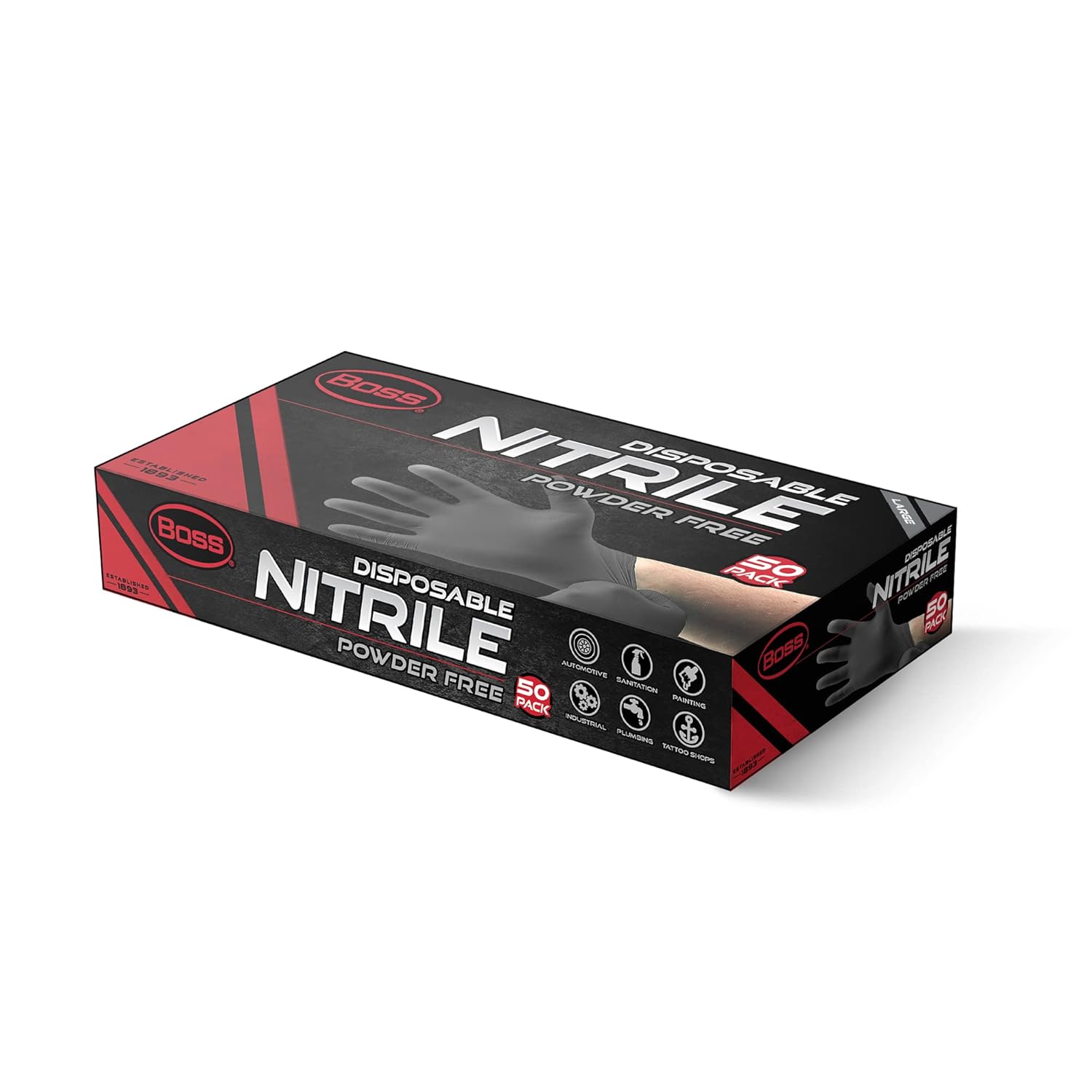 Boss Powder Free Disposable Nitrile Gloves, 4 Mil Thickness, 50 Pair Pack, Black, Large, (B21001-L50)